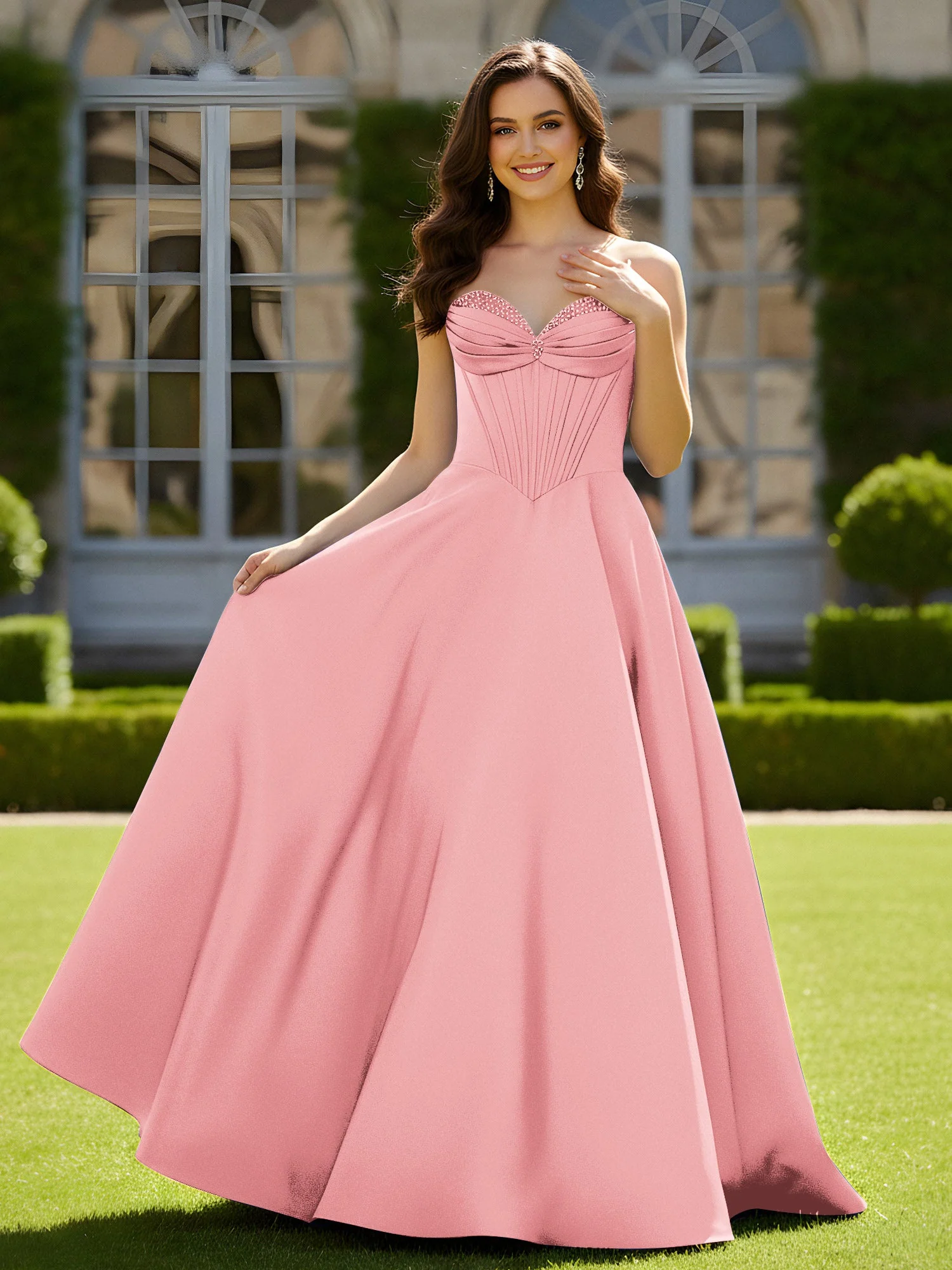 Ärmellos Schleppe Satin Spitzenoberteil Kleid Flamingo