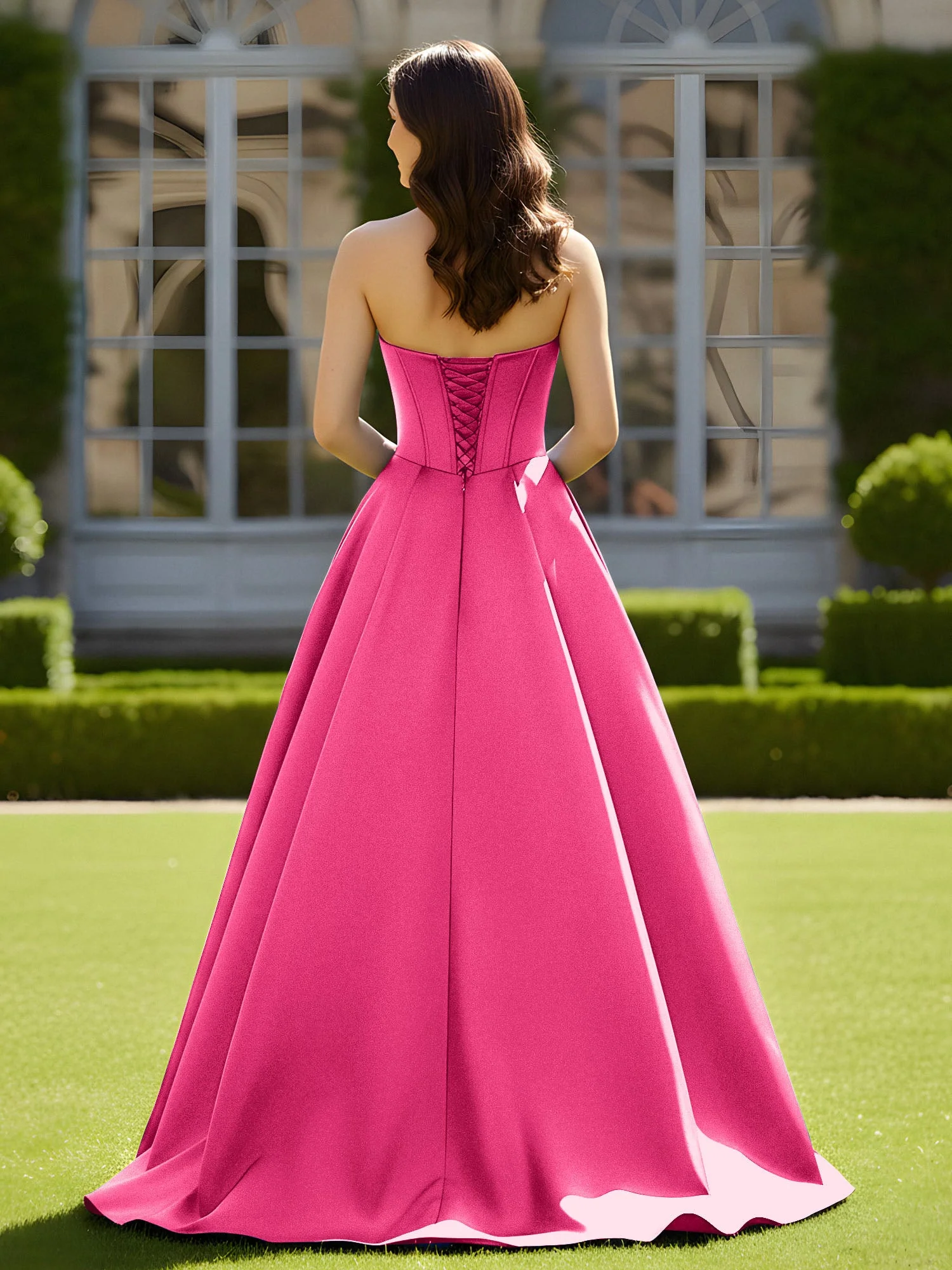 Ärmellos Schleppe Satin Spitzenoberteil Kleid Fuchsia - Image 2
