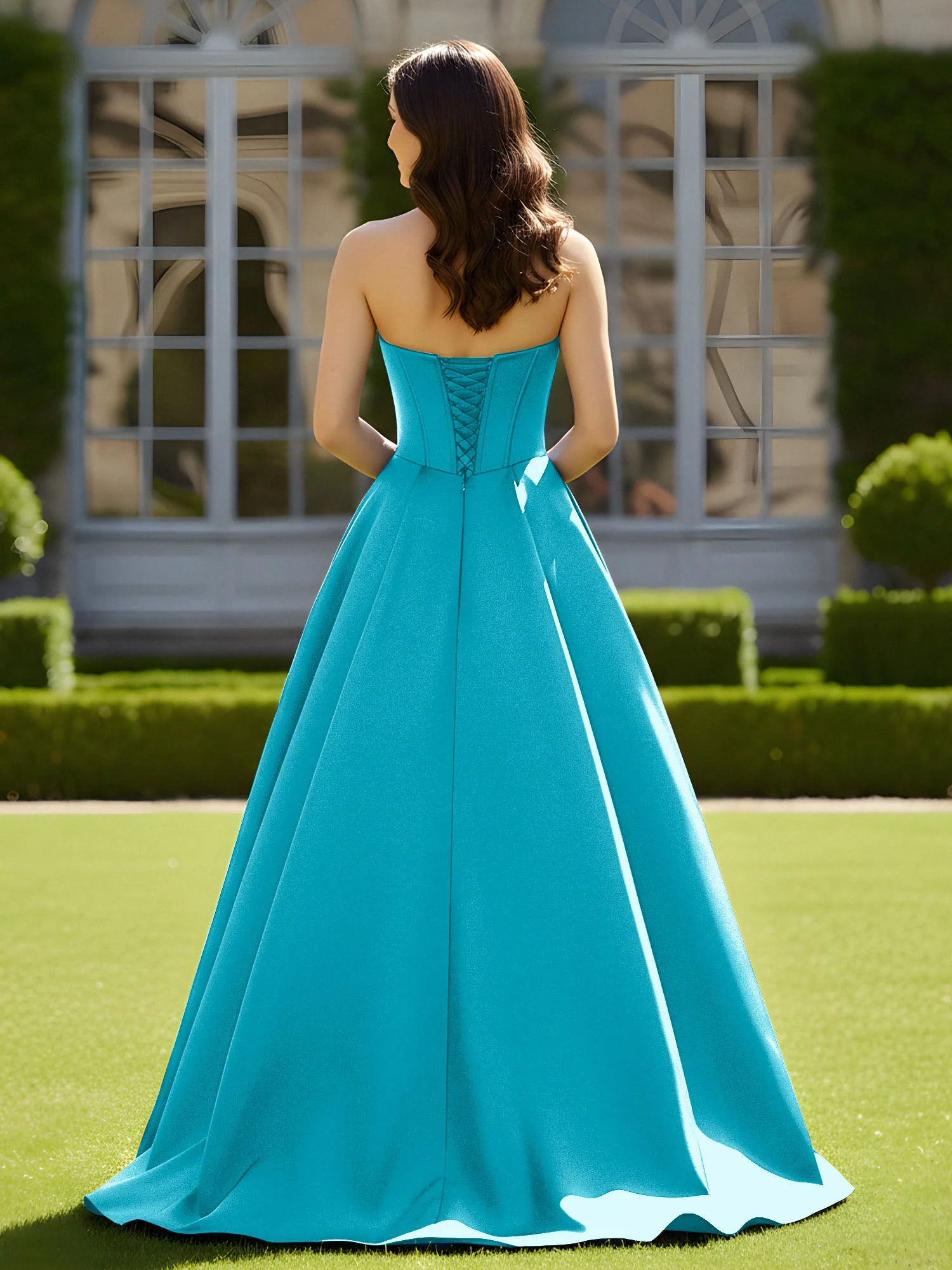 Ärmellos Schleppe Satin Spitzenoberteil Kleid Jade - Image 2