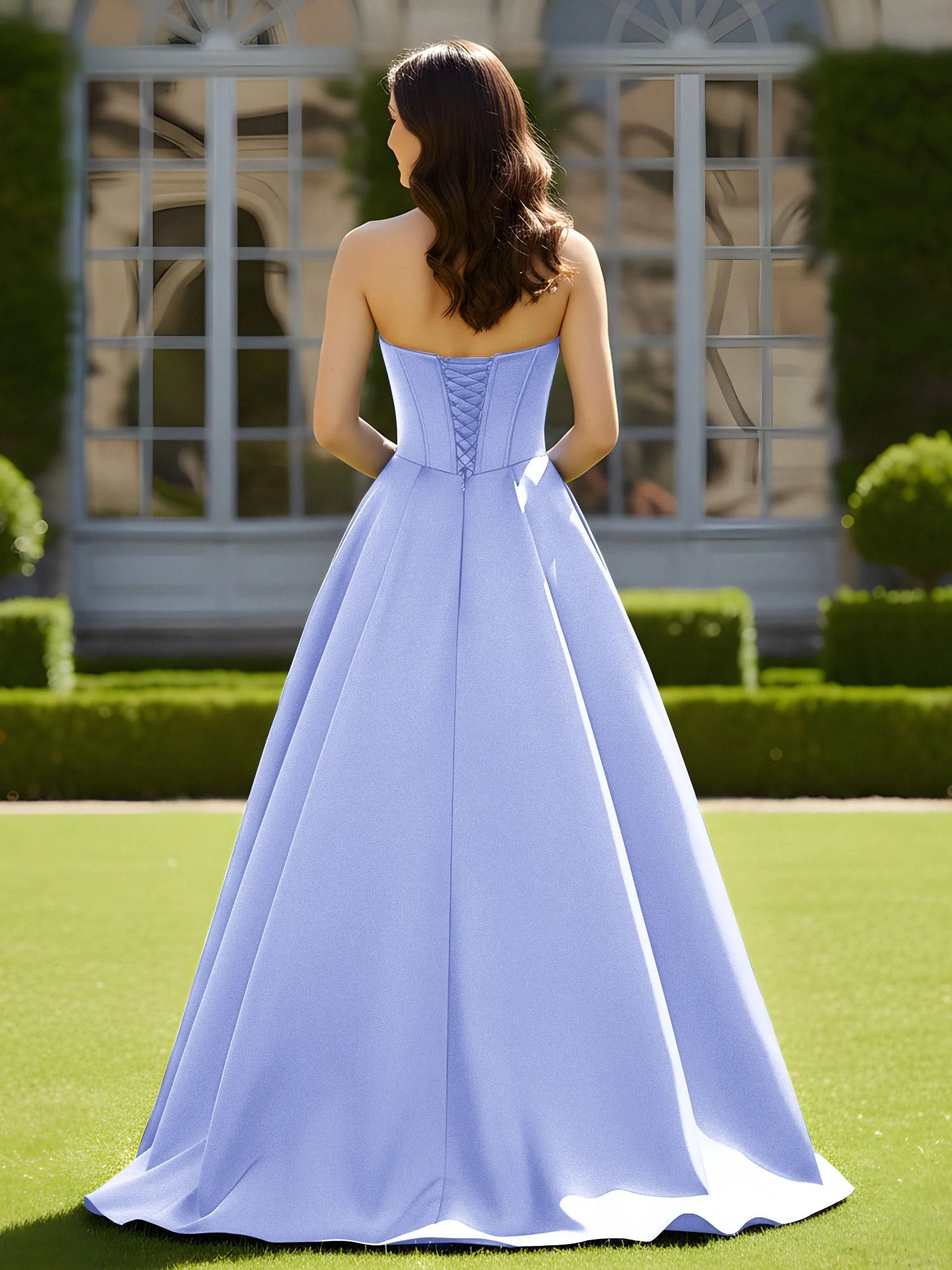 Ärmellos Schleppe Satin Spitzenoberteil Kleid Lavendel - Image 2