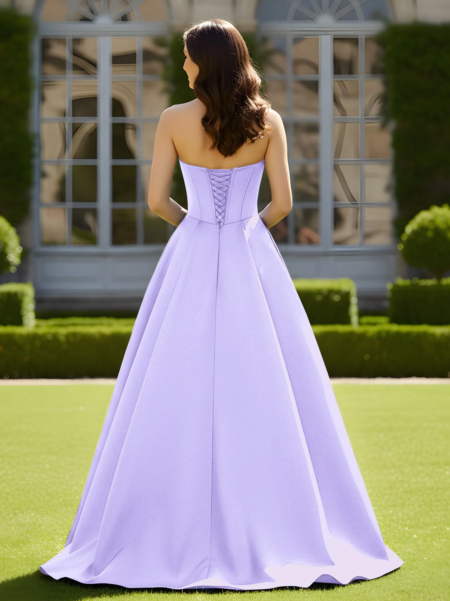 Ärmellos Schleppe Satin Spitzenoberteil Kleid Lila - Image 2