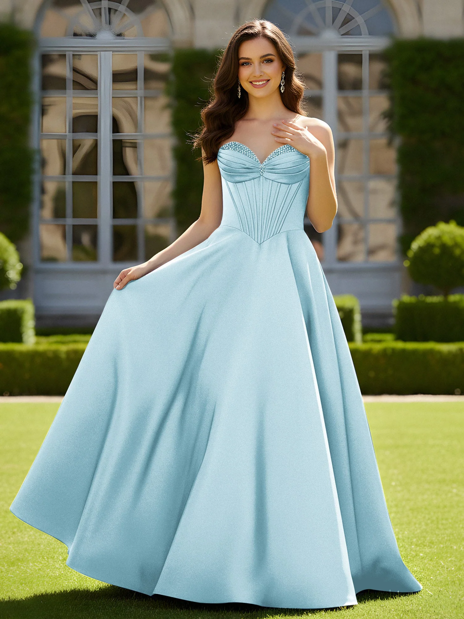 Ärmellos Schleppe Satin Spitzenoberteil Kleid Nebel