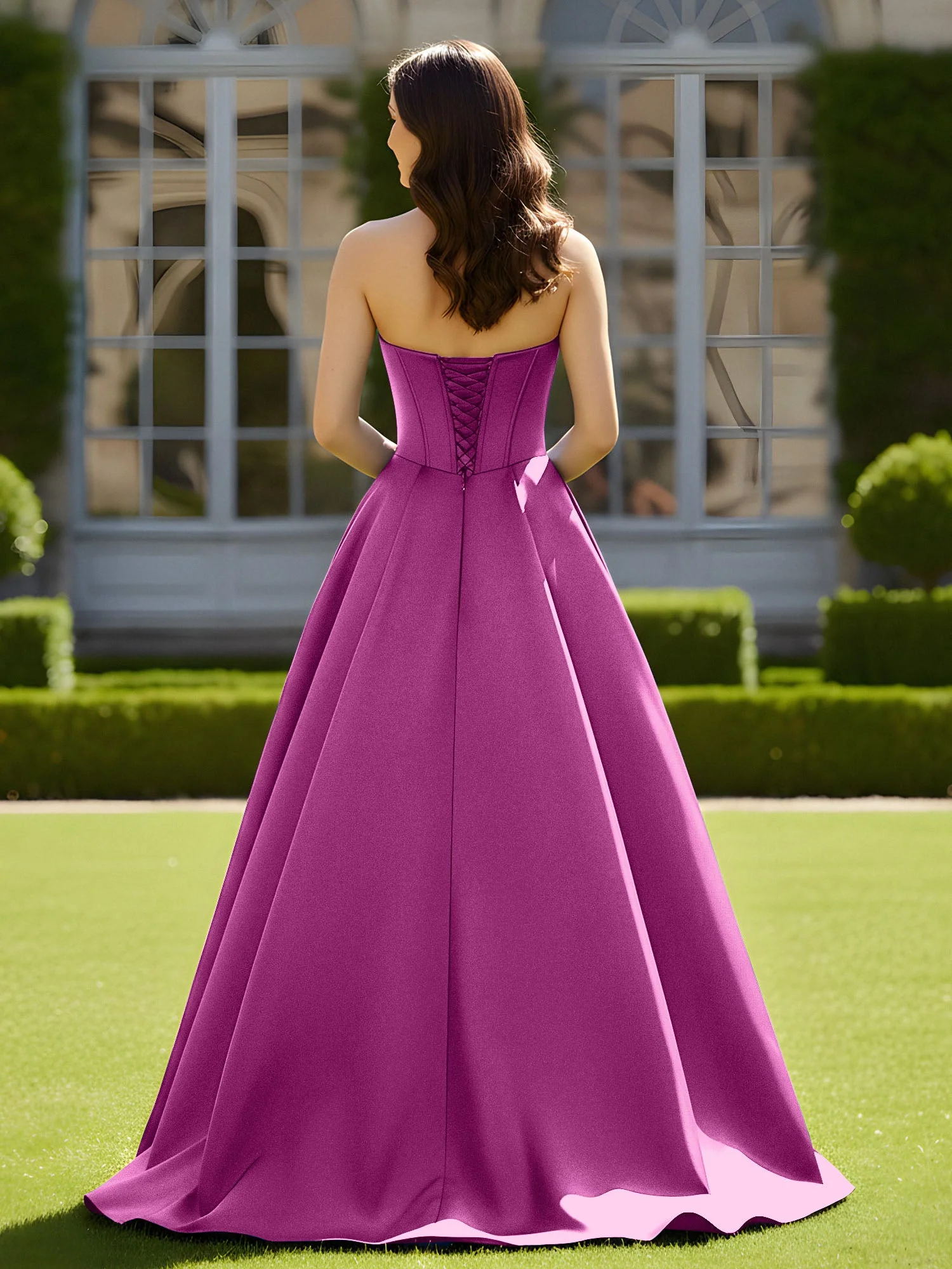Ärmellos Schleppe Satin Spitzenoberteil Kleid Orchidee - Image 2