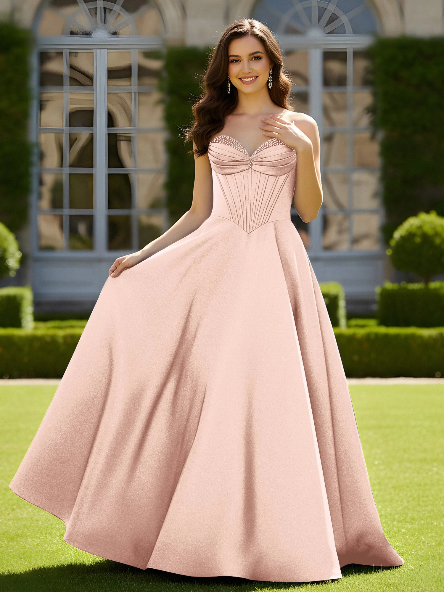 Ärmellos Schleppe Satin Spitzenoberteil Kleid Perlrosa