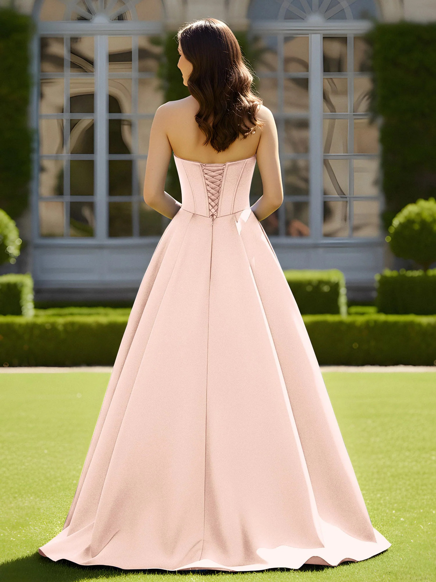 Ärmellos Schleppe Satin Spitzenoberteil Kleid Perlrosa - Image 2