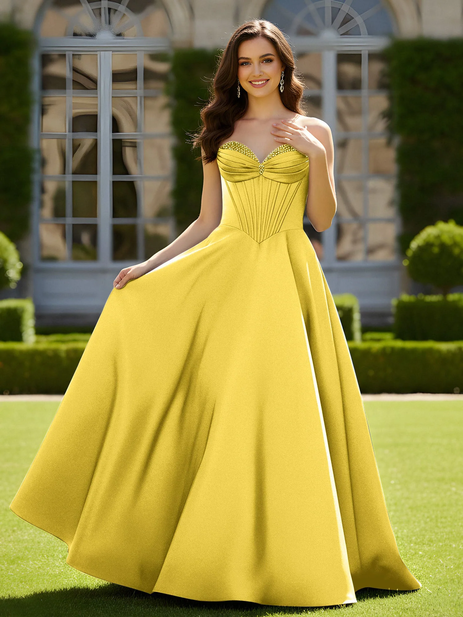Ärmellos Schleppe Satin Spitzenoberteil Kleid Ringelblume
