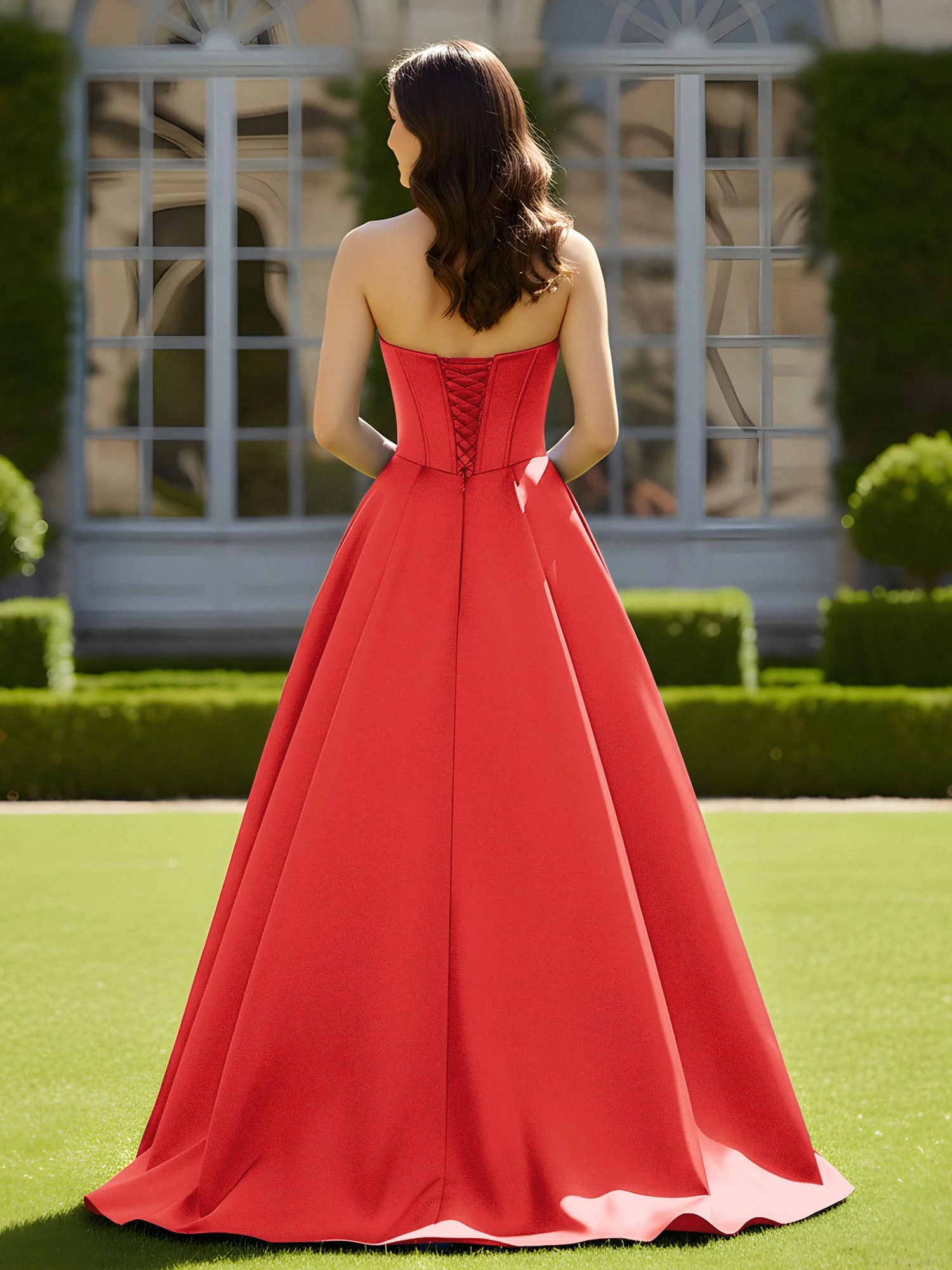 Ärmellos Schleppe Satin Spitzenoberteil Kleid Rot - Image 2