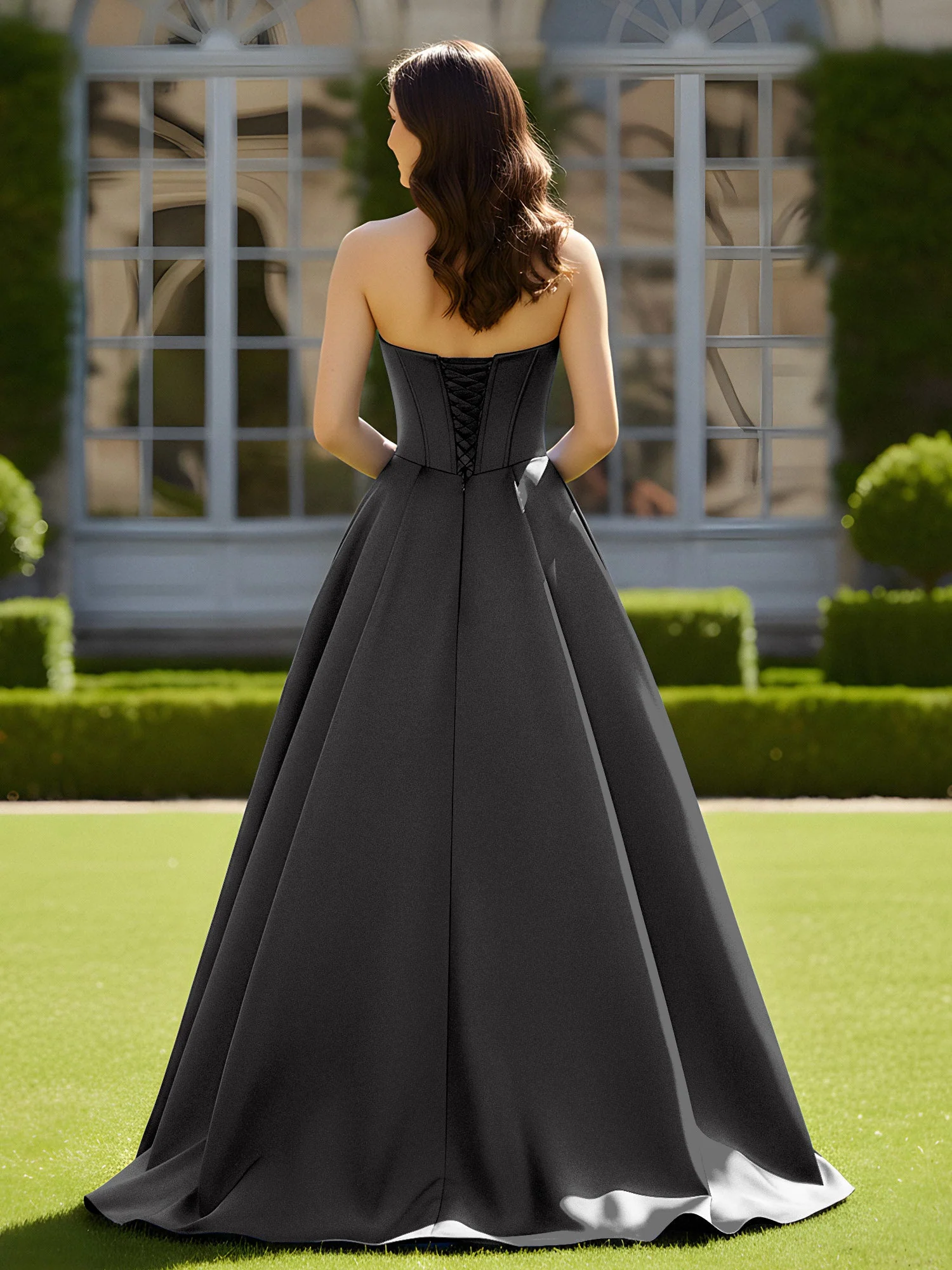 Ärmellos Schleppe Satin Spitzenoberteil Kleid Schwarz - Image 2