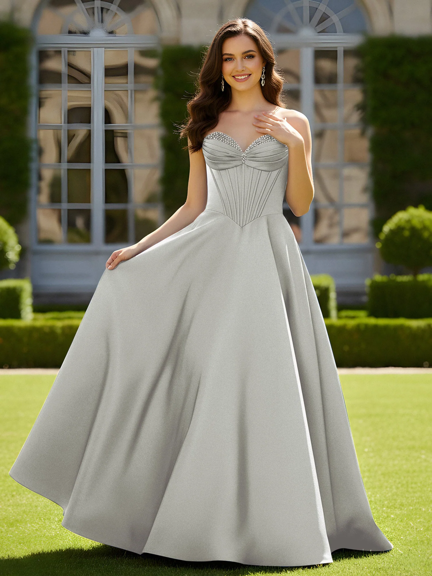 Ärmellos Schleppe Satin Spitzenoberteil Kleid Silber