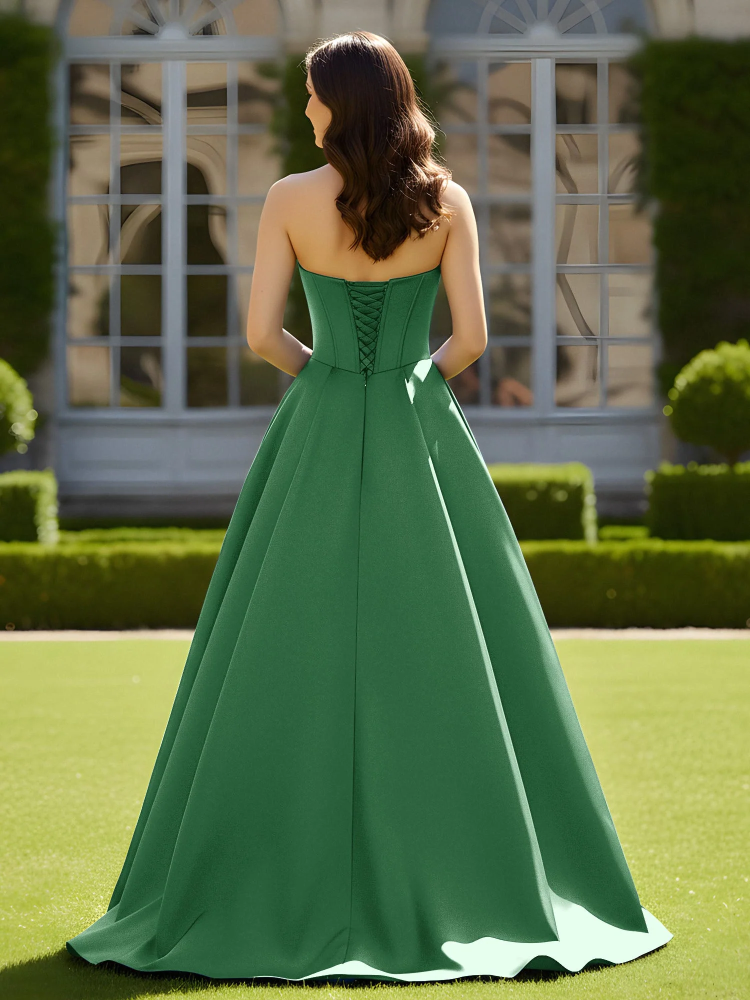 Ärmellos Schleppe Satin Spitzenoberteil Kleid Smaragd - Image 2