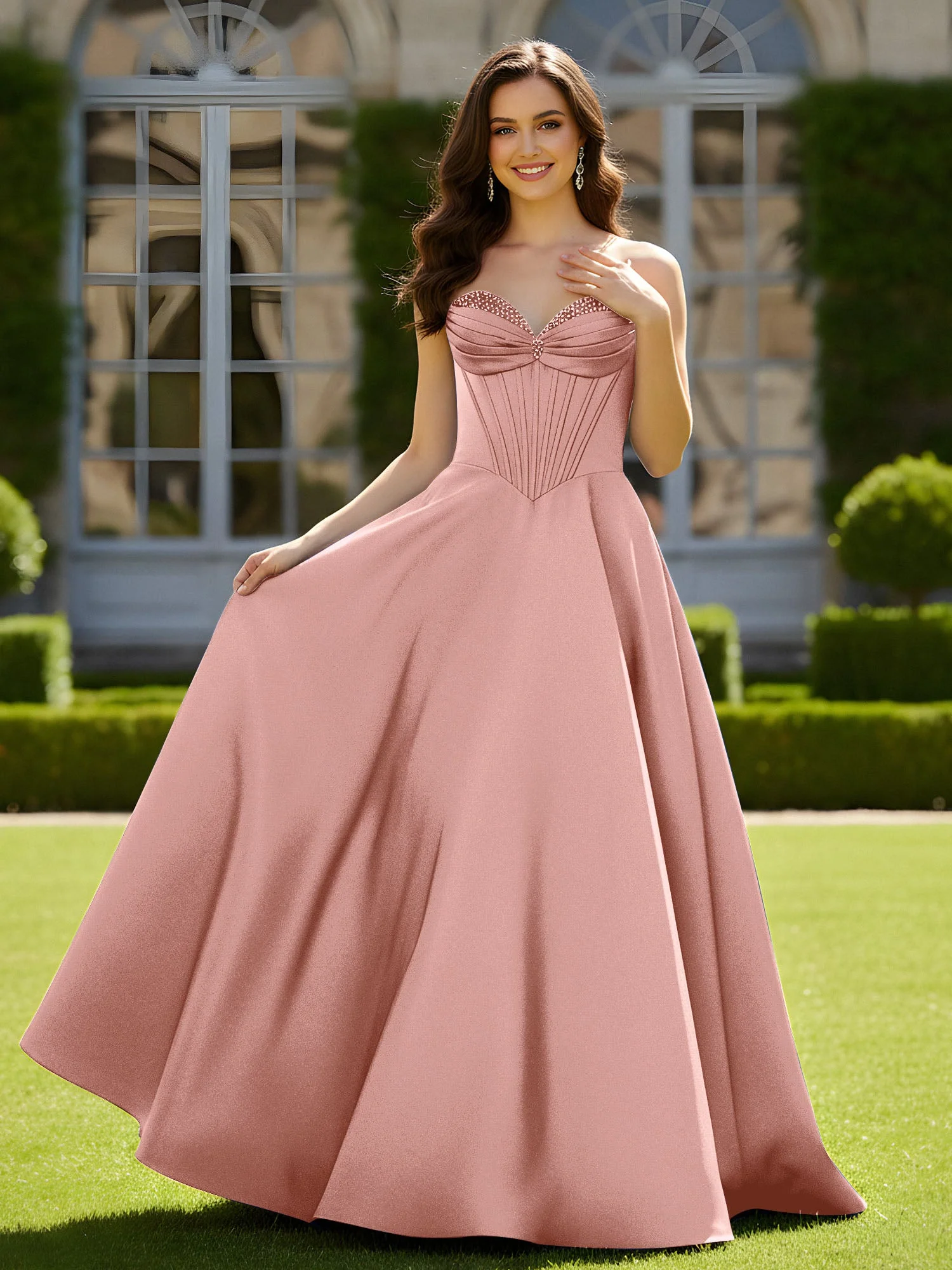 Ärmellos Schleppe Satin Spitzenoberteil Kleid Staubige Rosa