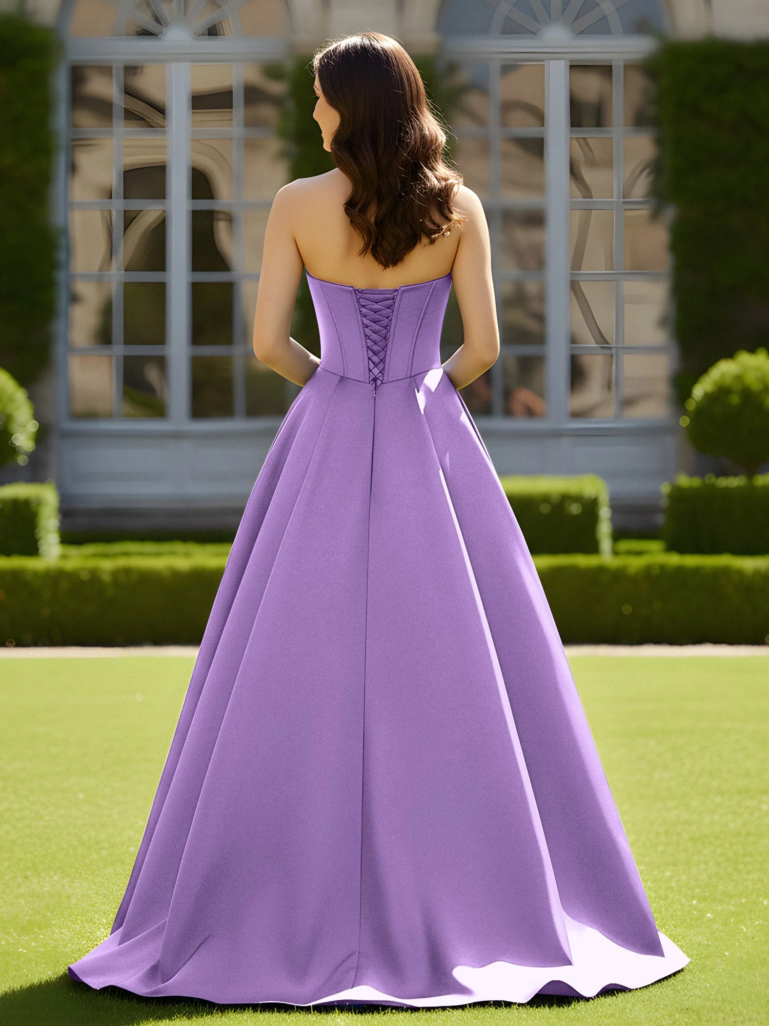 Ärmellos Schleppe Satin Spitzenoberteil Kleid Tahiti - Image 2