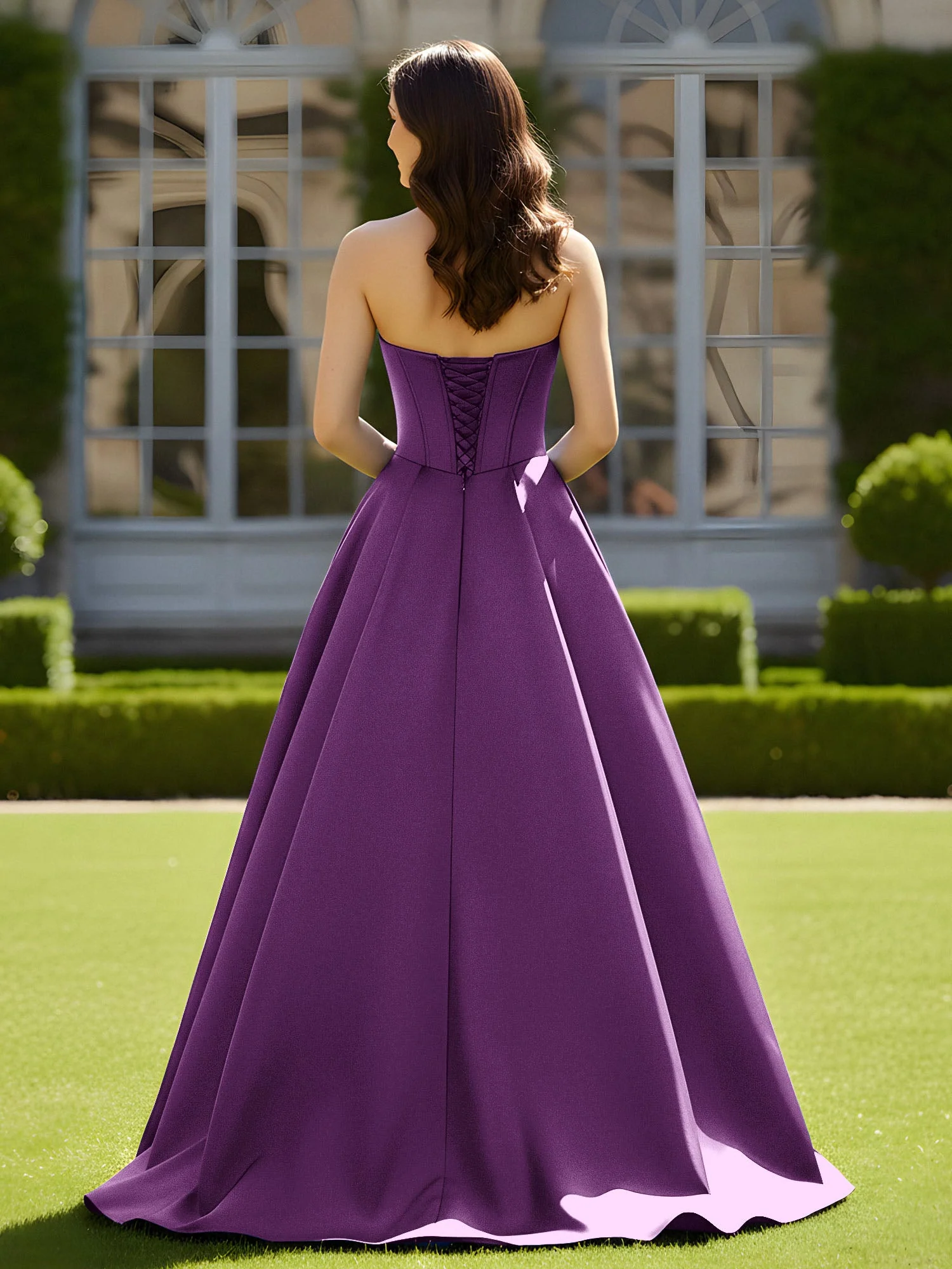 Ärmellos Schleppe Satin Spitzenoberteil Kleid Traube - Image 2