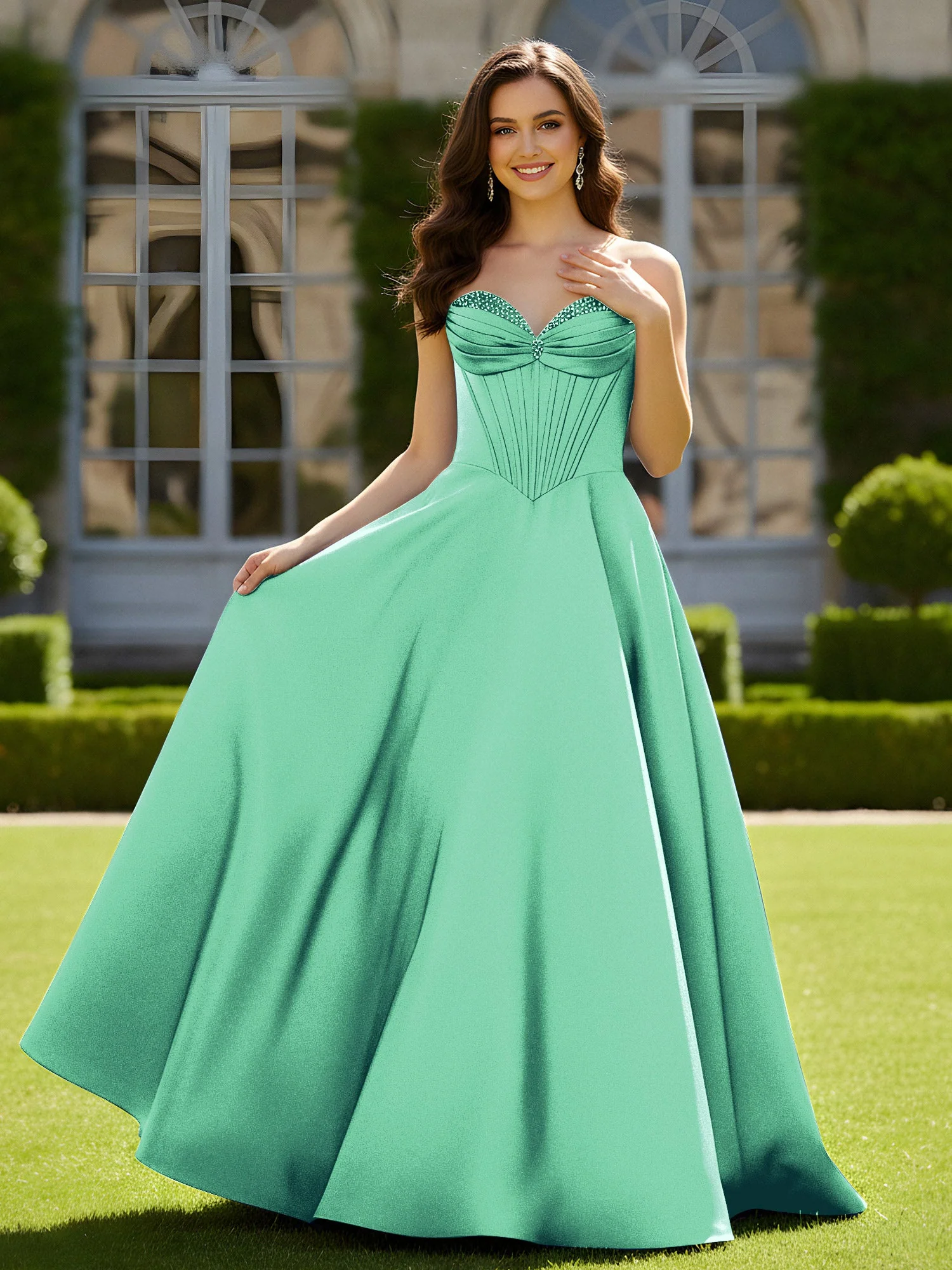 Ärmellos Schleppe Satin Spitzenoberteil Kleid Türkis