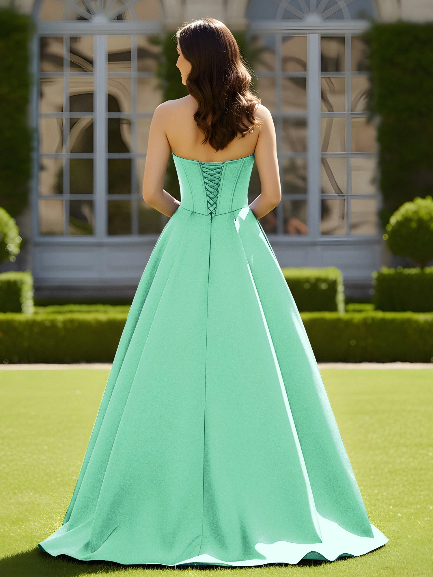 Ärmellos Schleppe Satin Spitzenoberteil Kleid Türkis - Image 2