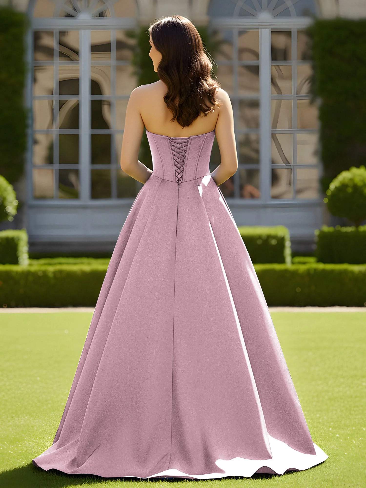 Ärmellos Schleppe Satin Spitzenoberteil Kleid Vintage Mauve - Image 2