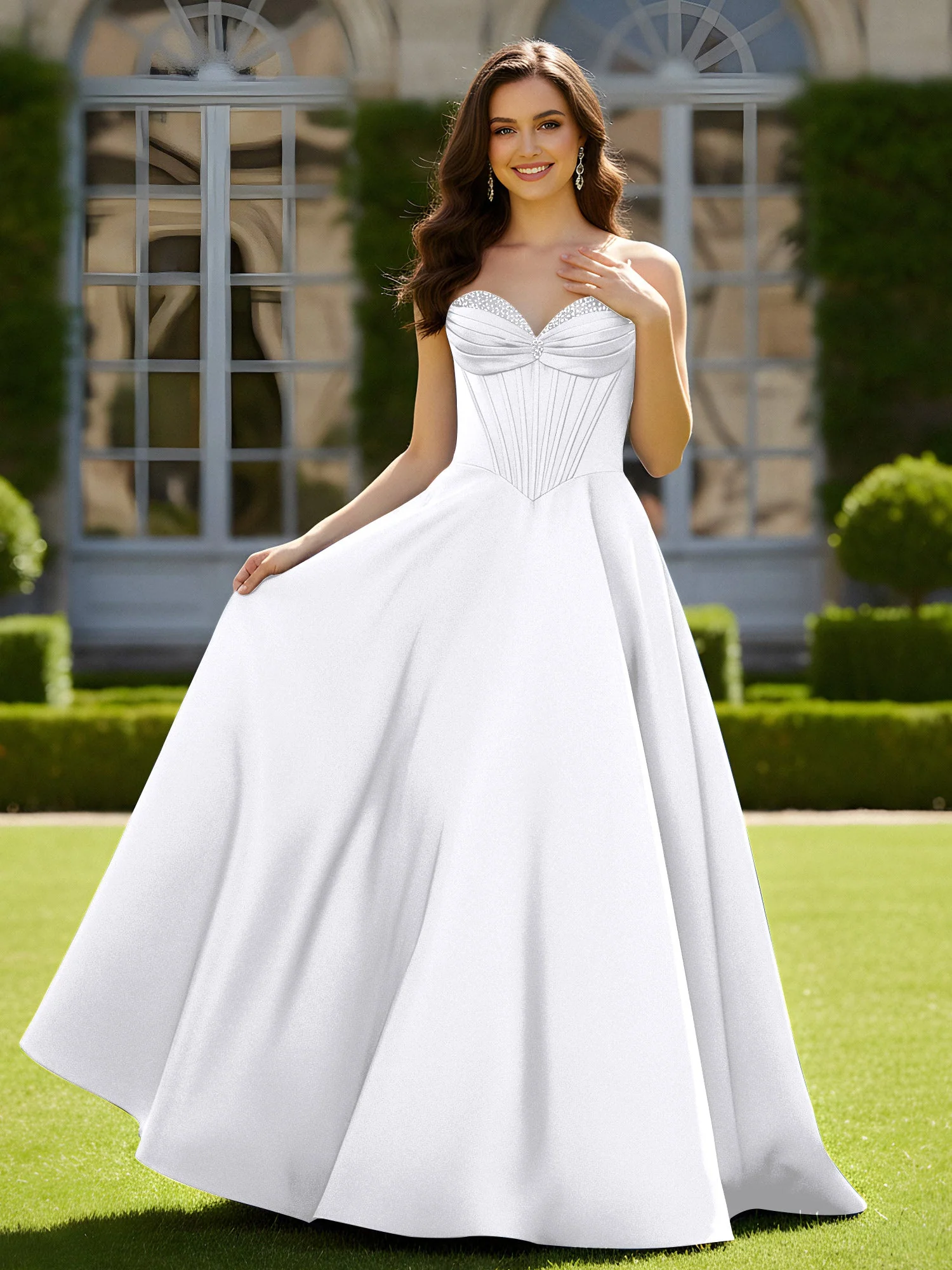 Ärmellos Schleppe Satin Spitzenoberteil Kleid Weiß