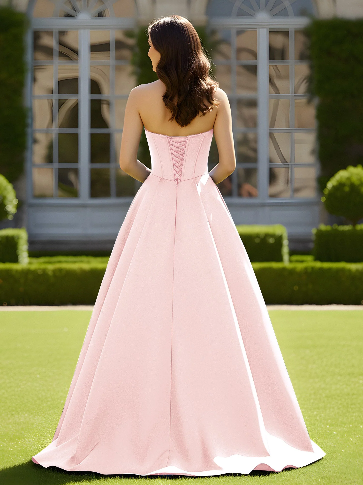 Ärmellos Schleppe Satin Spitzenoberteil Kleid Zartrosa - Image 2