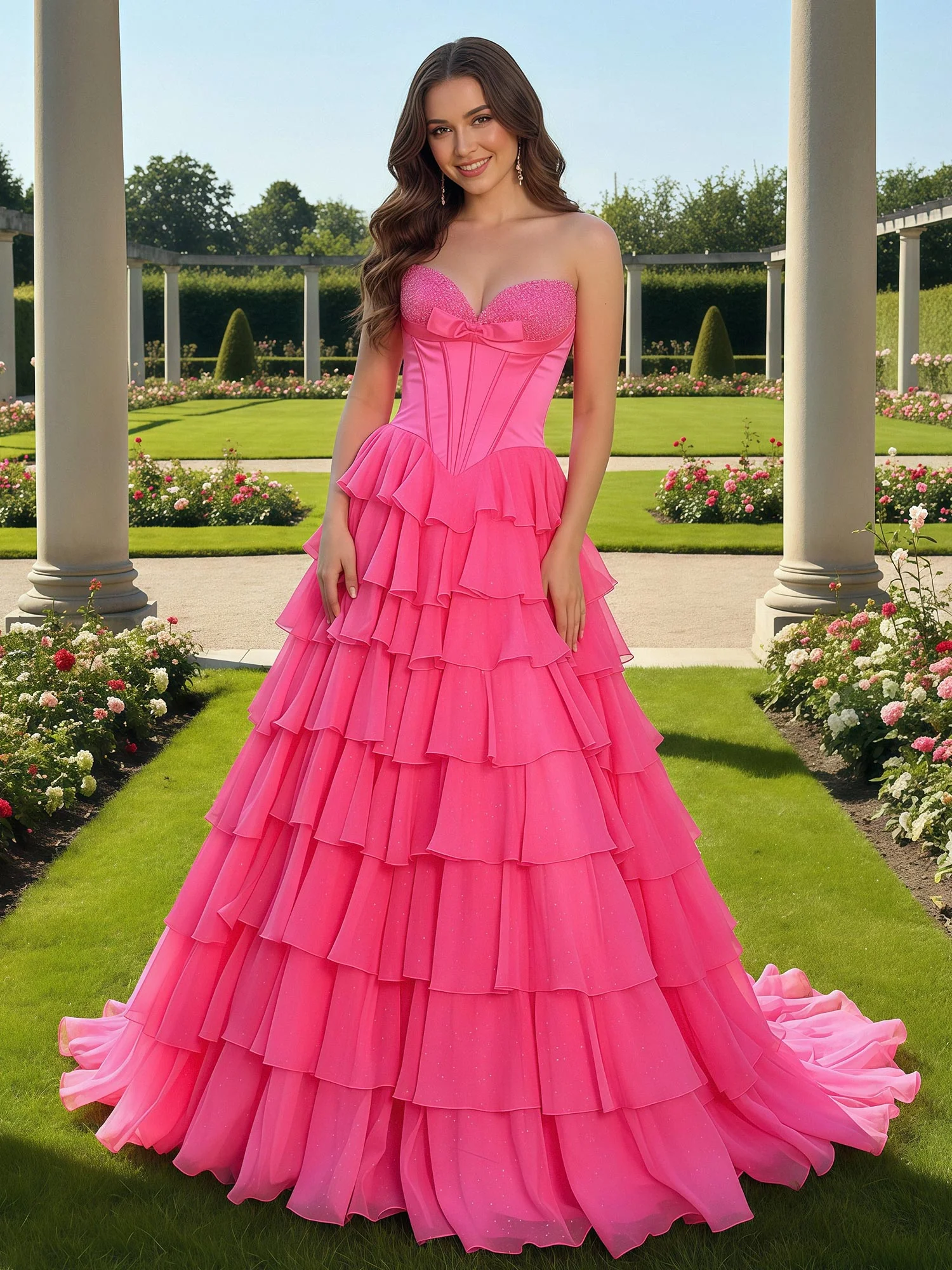 Ärmellos Herzform Chiffon Kleid mit Rüschen Fuchsia