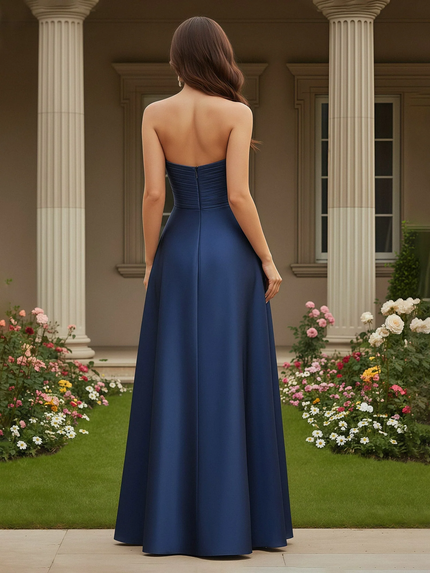 A-Linie Ärmellos Herzform Satin Bodenlang Kleid Schokolade - Image 2
