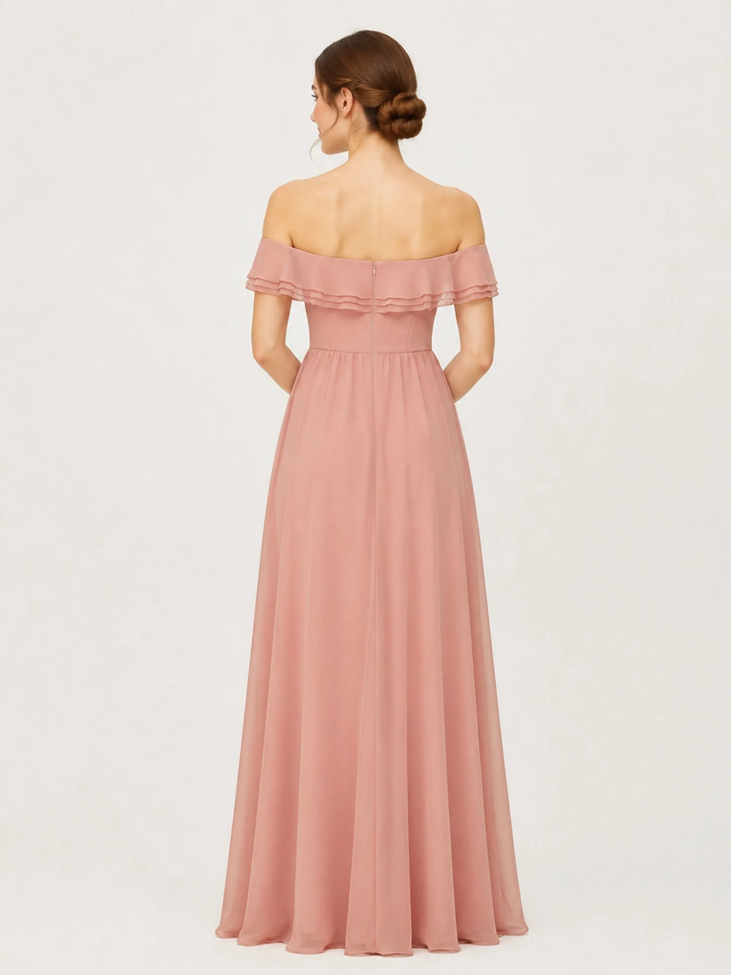 Schulterfreies A-Linien-Kleid Mit Gestuften Rüschen Und Schlitz Burgunderrot - Image 2