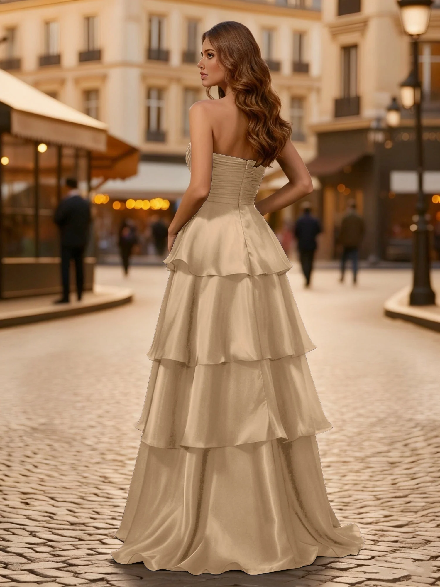 A-Linie Plissee Trägerlos Stufen Lang Kleid Champagner - Image 2