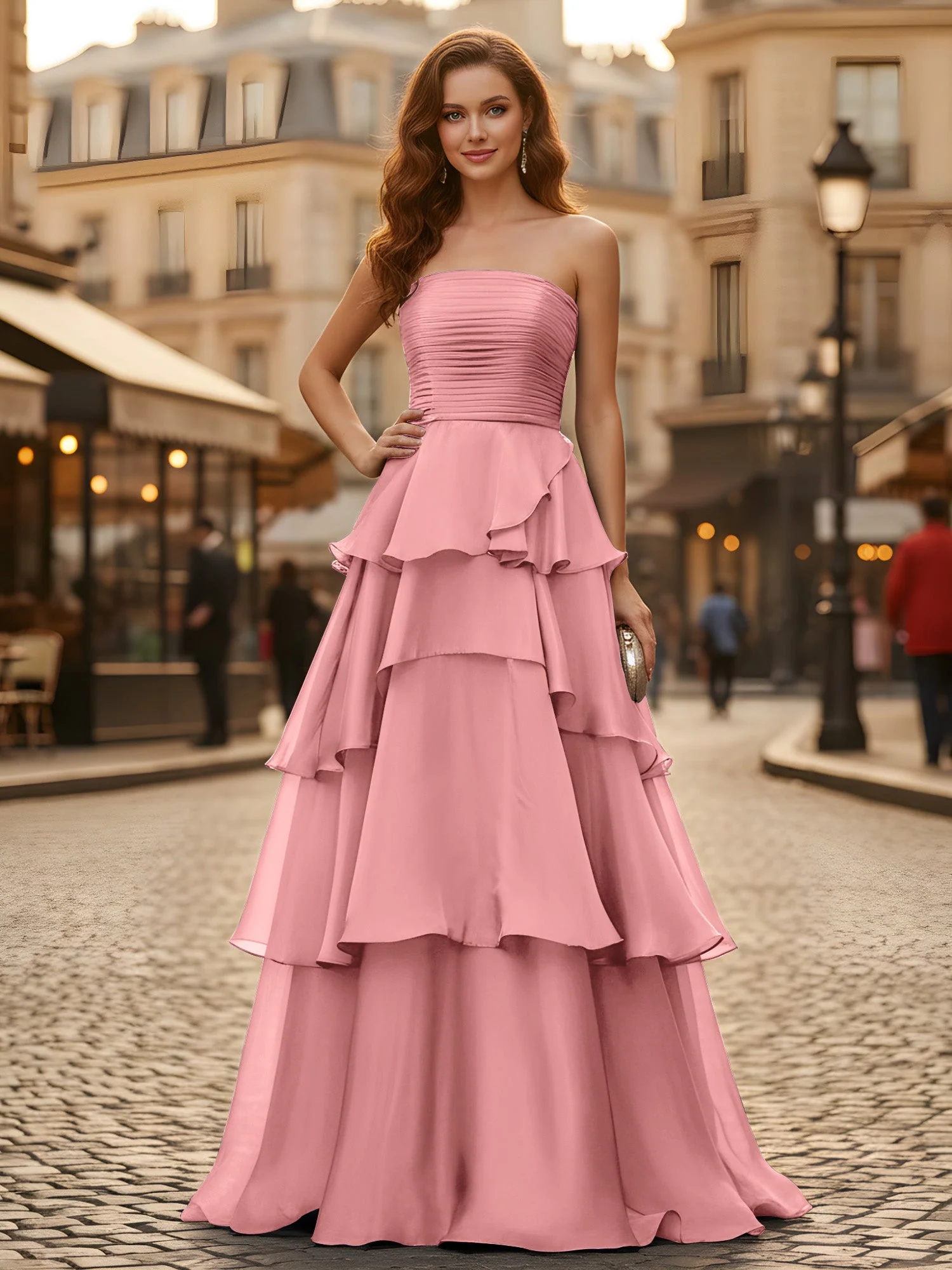 A-Linie Plissee Trägerlos Stufen Lang Kleid Flamingo