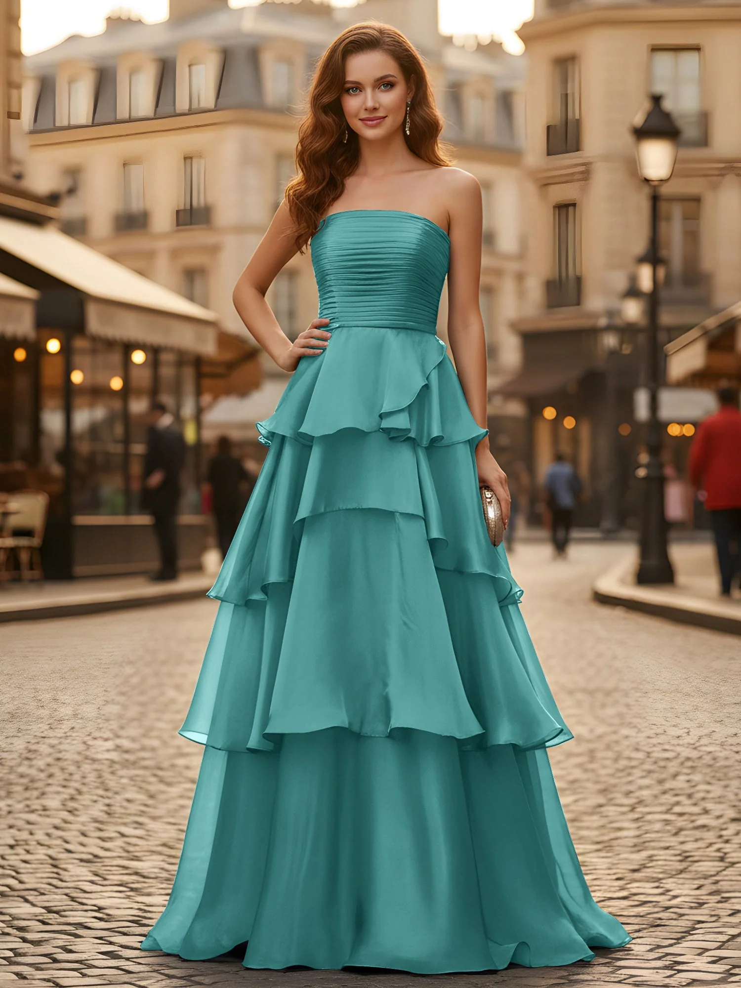 A-Linie Plissee Trägerlos Stufen Lang Kleid Jade