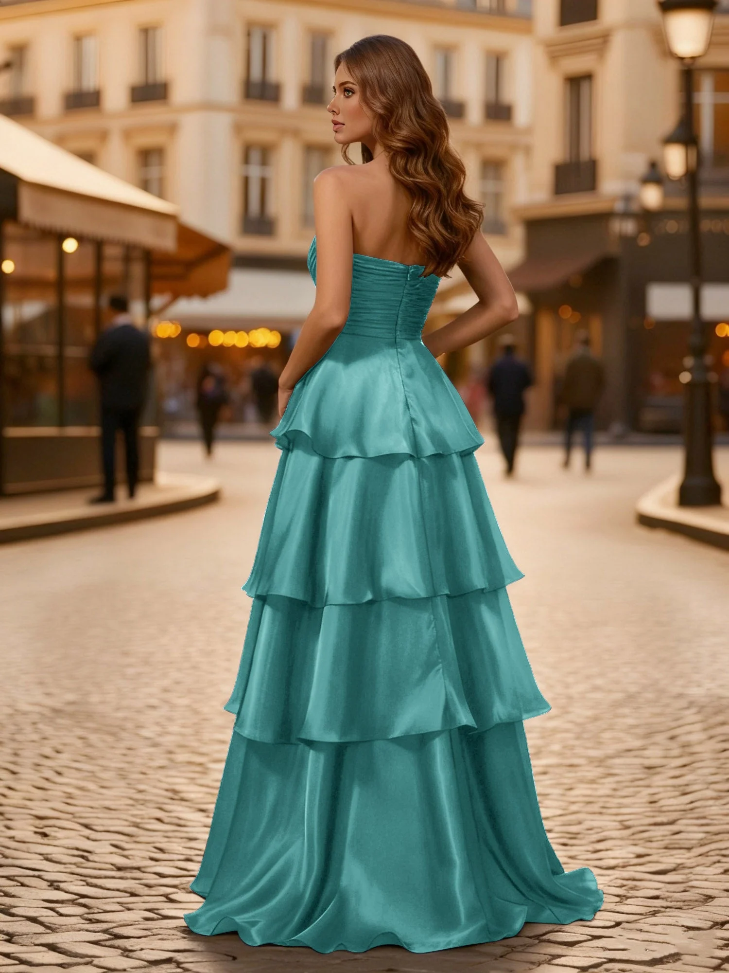 A-Linie Plissee Trägerlos Stufen Lang Kleid Jade - Image 2