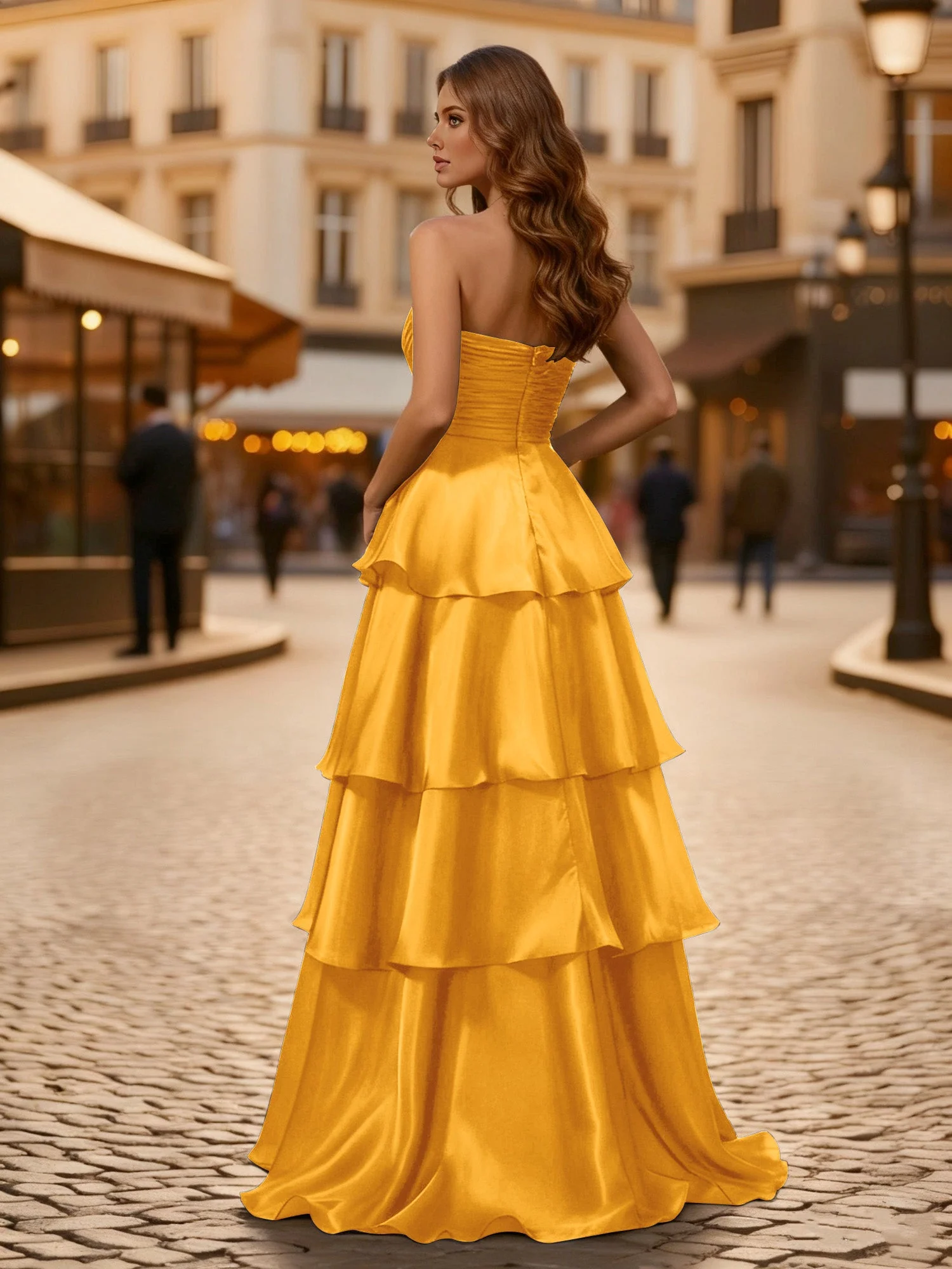 A-Linie Plissee Trägerlos Stufen Lang Kleid Mandarine - Image 2