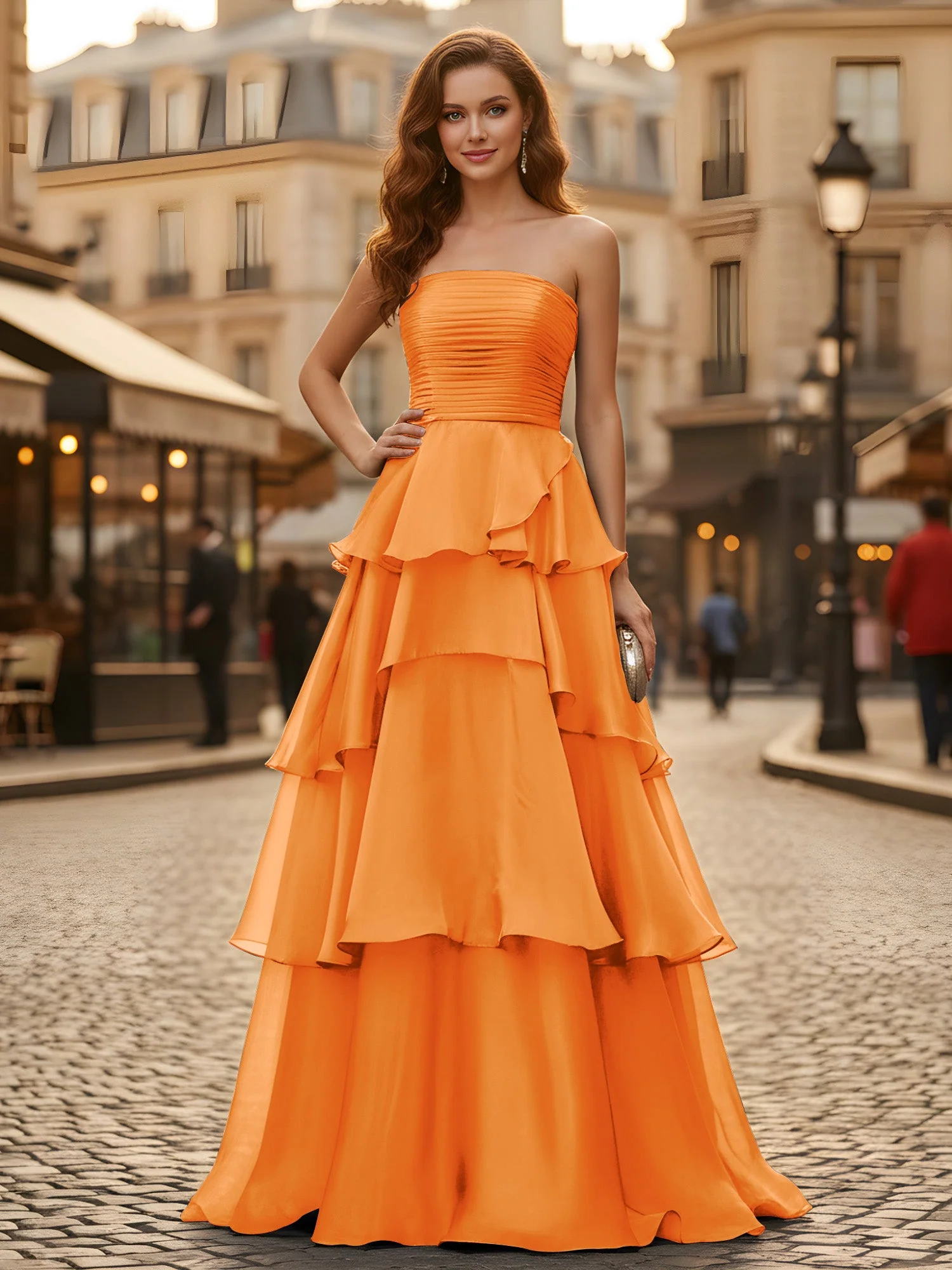 A-Linie Plissee Trägerlos Stufen Lang Kleid Orange