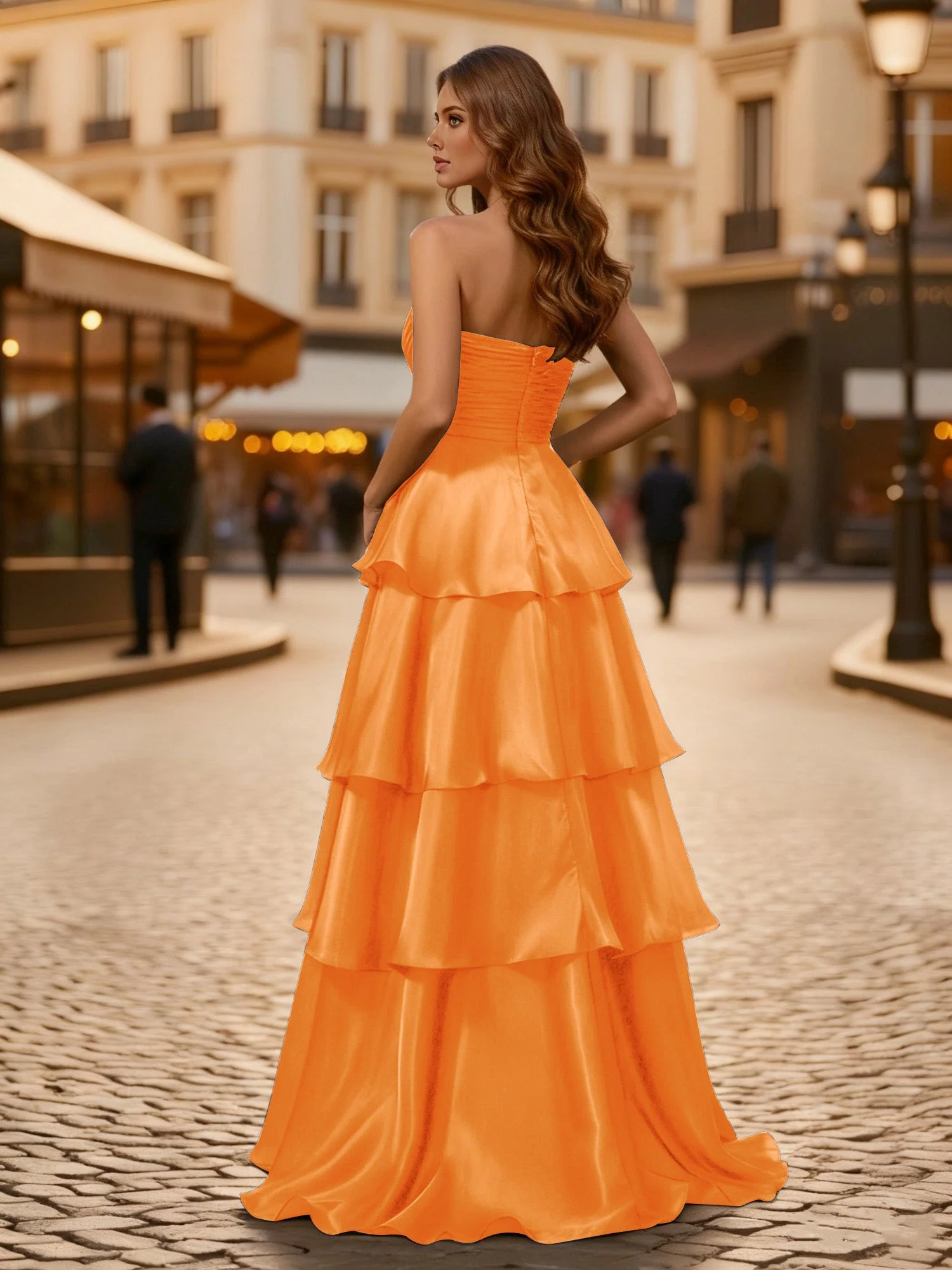 A-Linie Plissee Trägerlos Stufen Lang Kleid Orange - Image 2