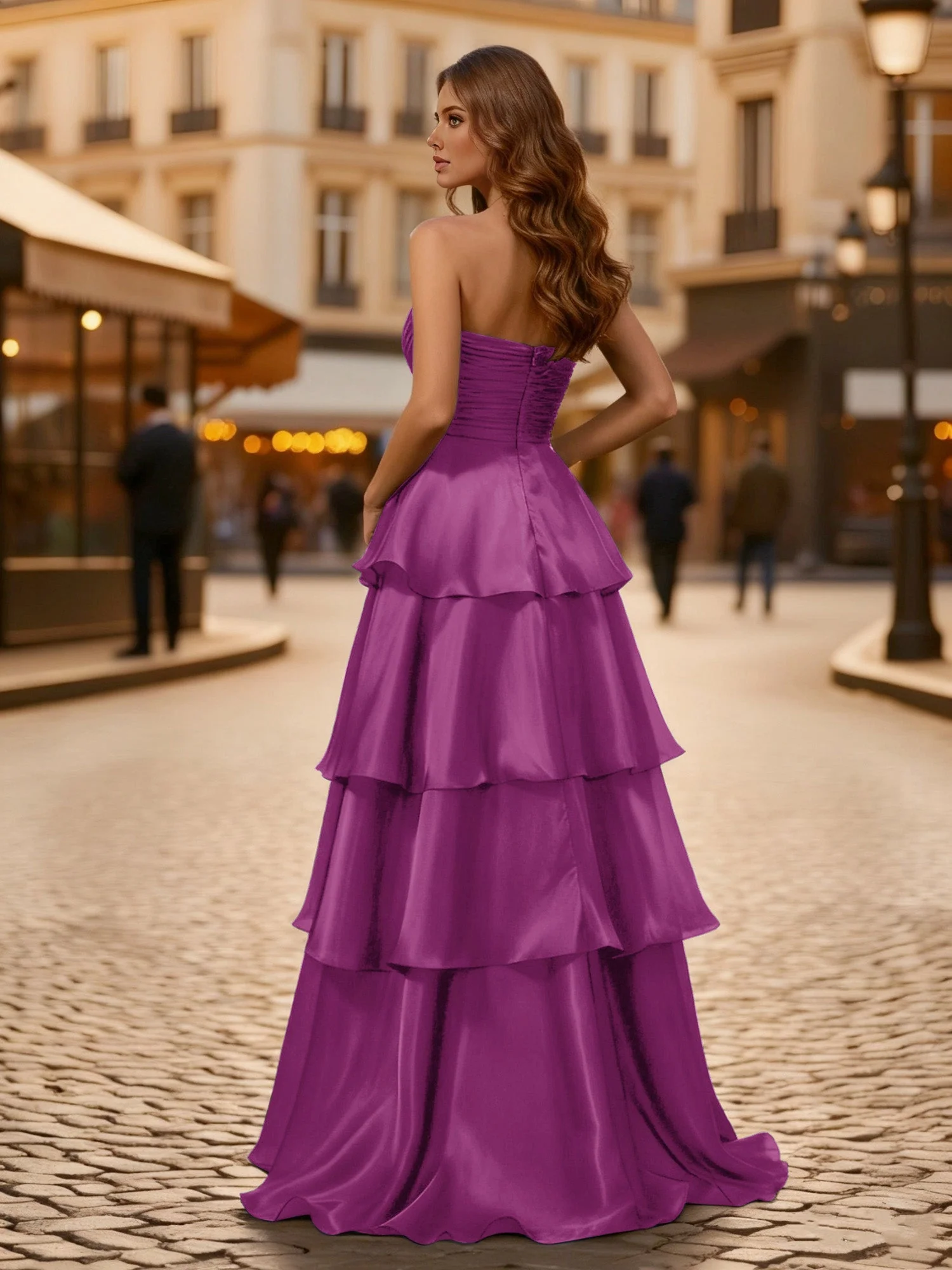 A-Linie Plissee Trägerlos Stufen Lang Kleid Orchidee - Image 2