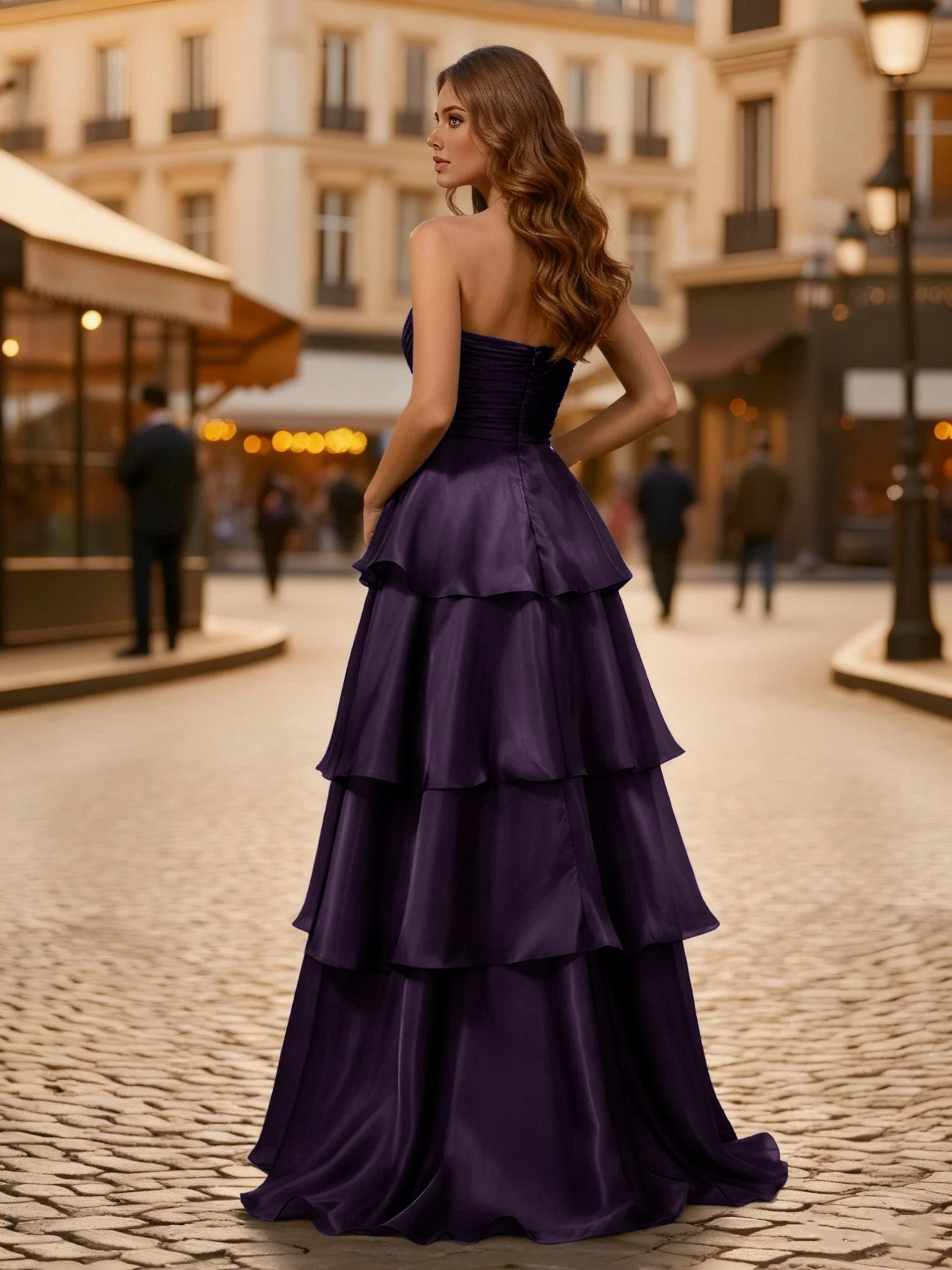 A-Linie Plissee Trägerlos Stufen Lang Kleid Plum - Image 2