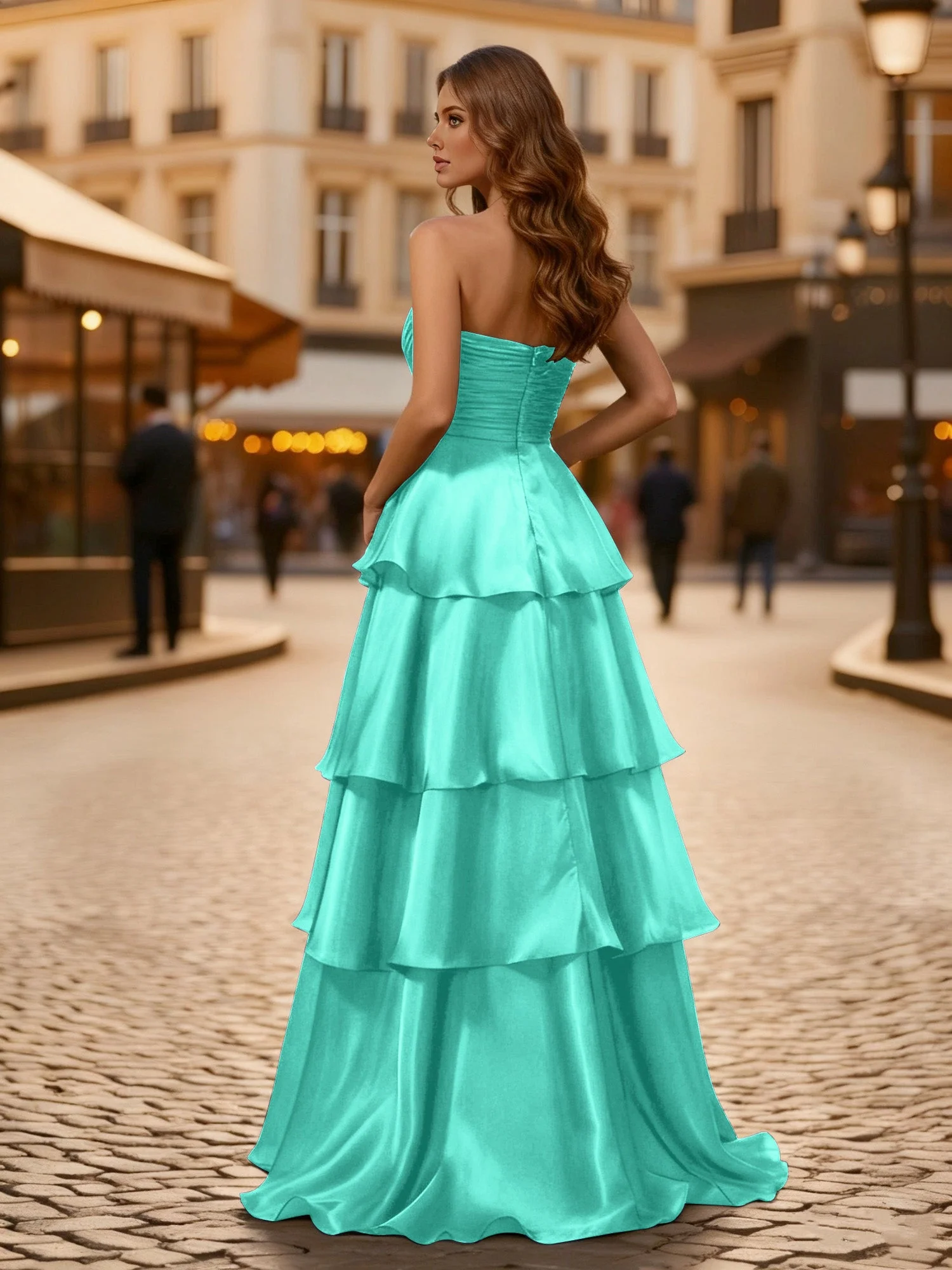 A-Linie Plissee Trägerlos Stufen Lang Kleid Spa - Image 2
