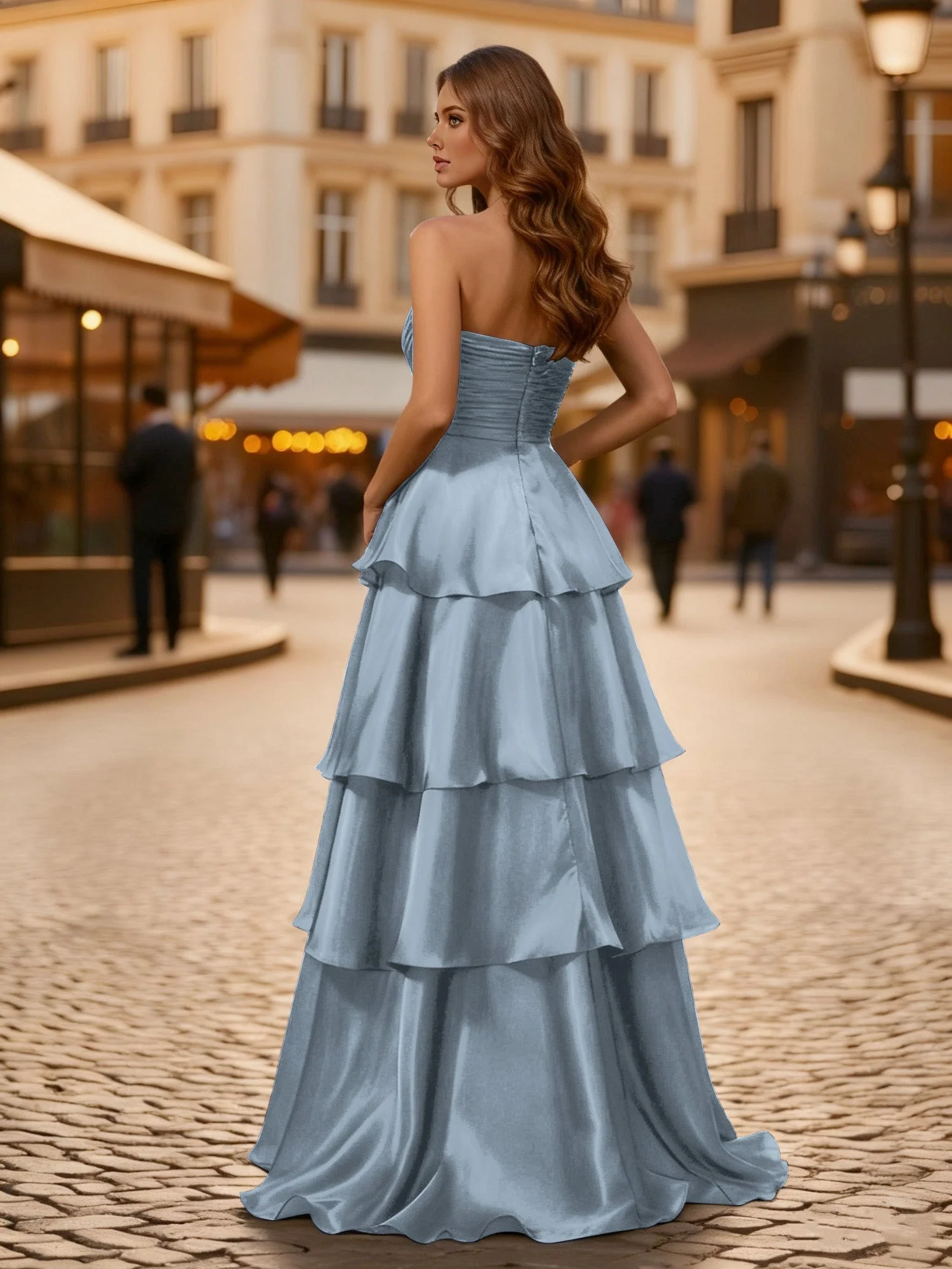 A-Linie Plissee Trägerlos Stufen Lang Kleid Staubiges Blau - Image 2