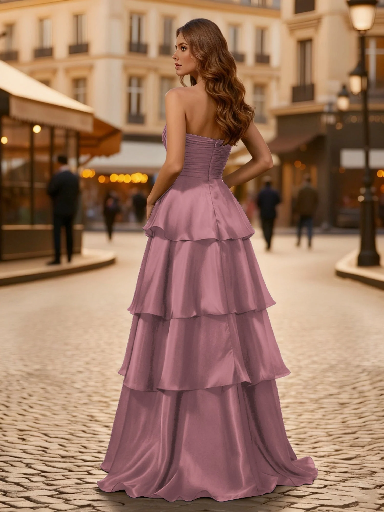 A-Linie Plissee Trägerlos Stufen Lang Kleid Vintage Mauve - Image 2