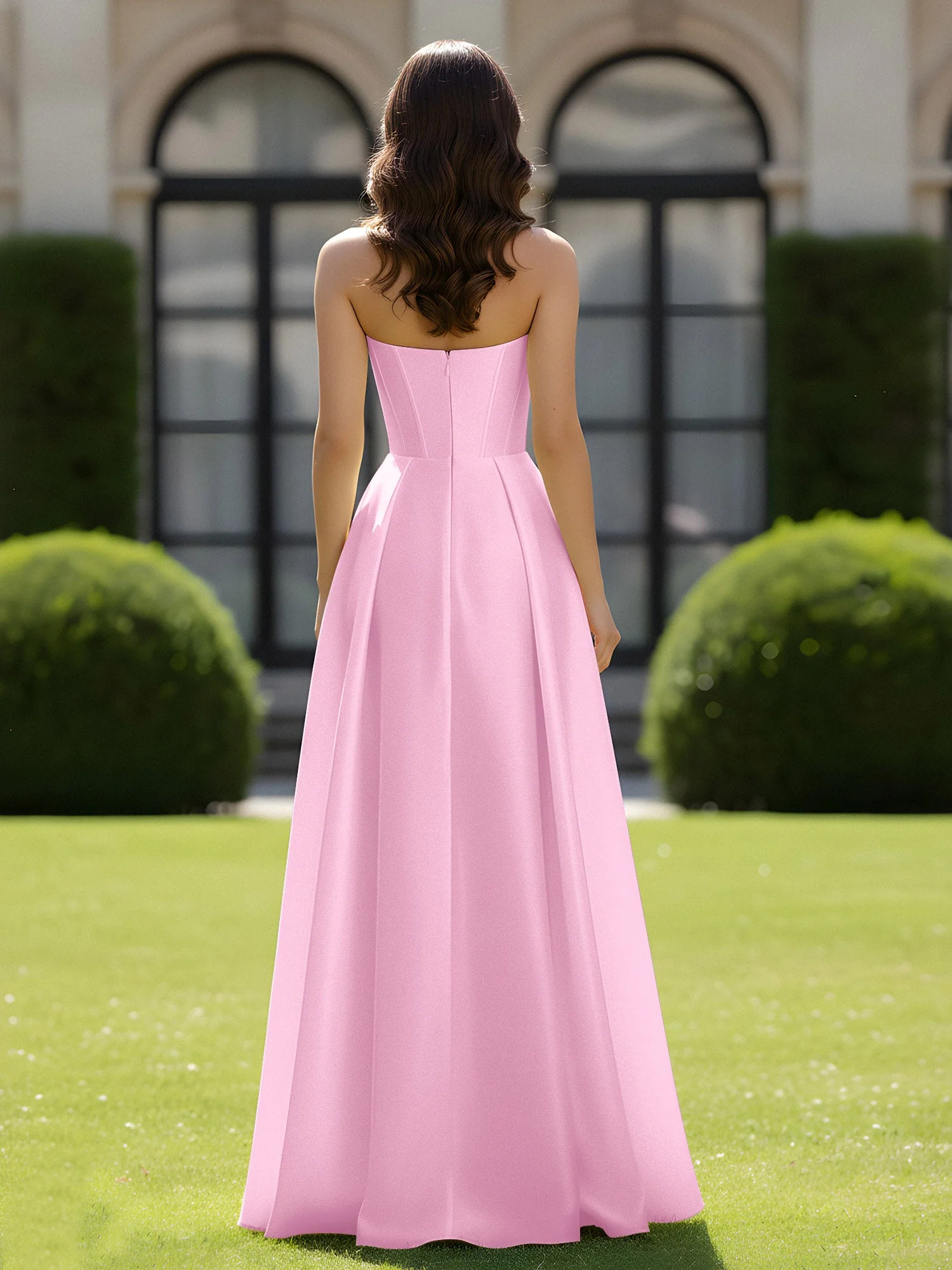 A-Linie Herzform Satin Reißverschluss Bodenlang Kleid Bonbonrosa - Image 2