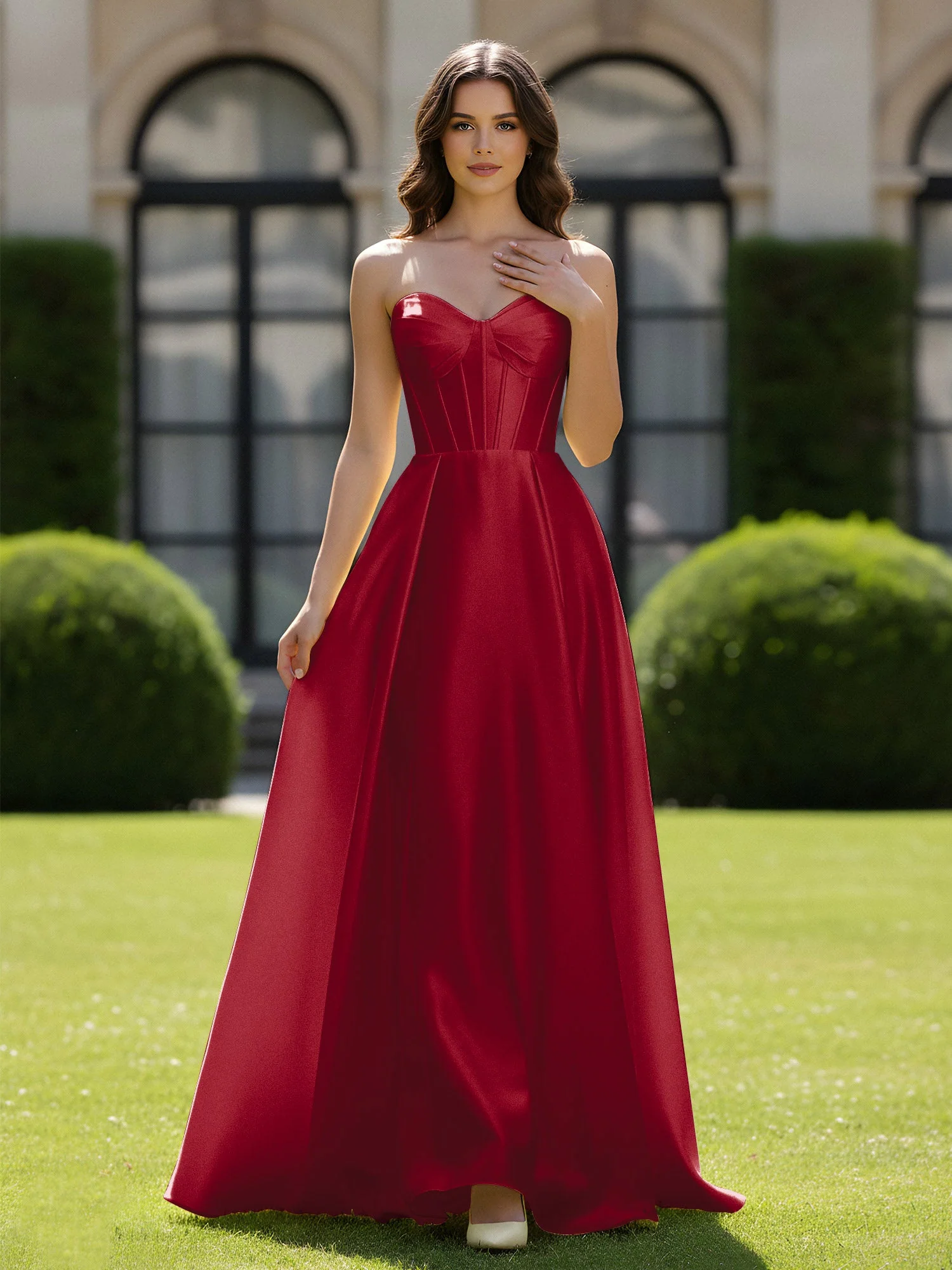 A-Linie Herzform Satin Reißverschluss Bodenlang Kleid Burgunderrot