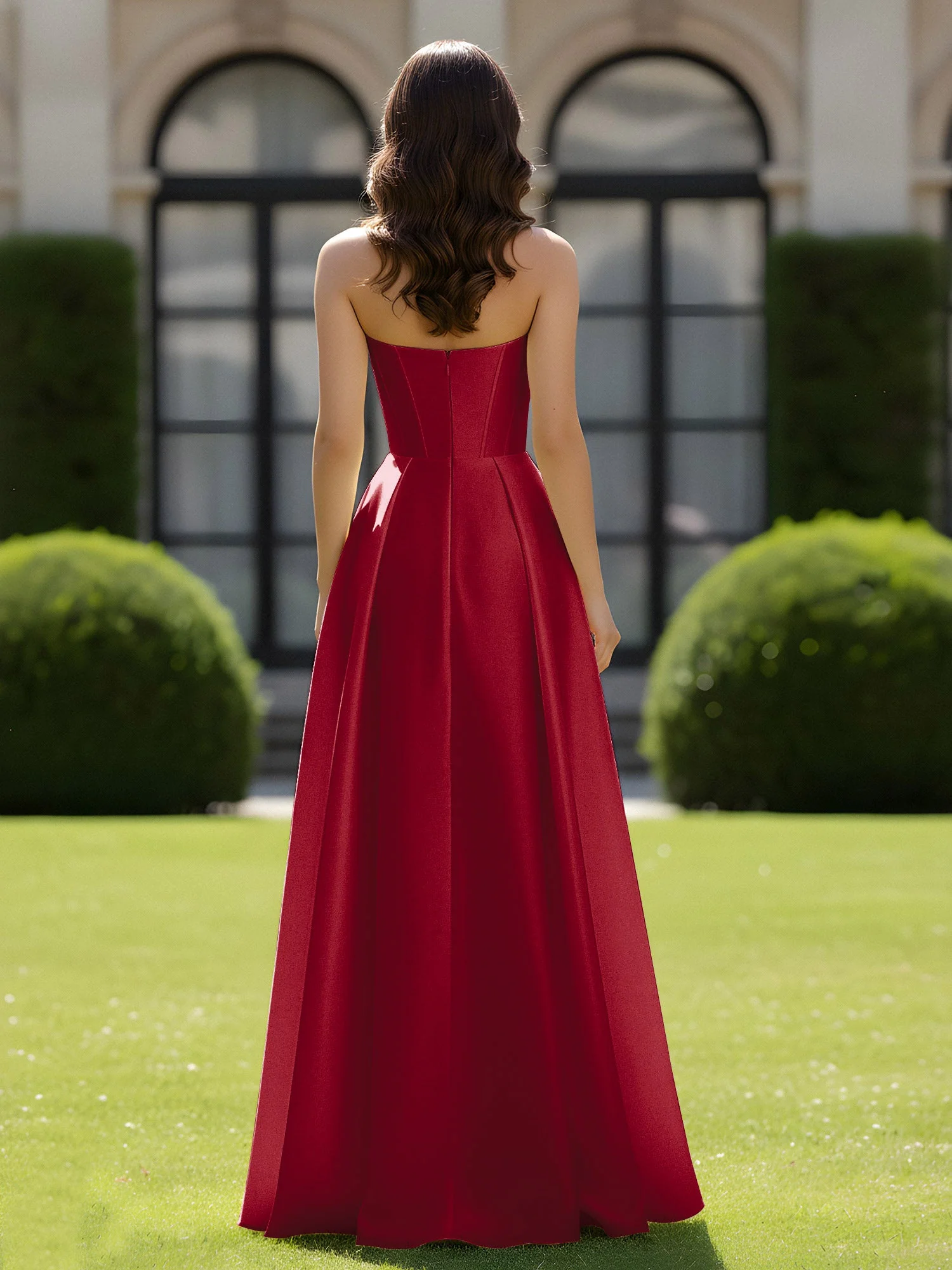 A-Linie Herzform Satin Reißverschluss Bodenlang Kleid Burgunderrot - Image 2