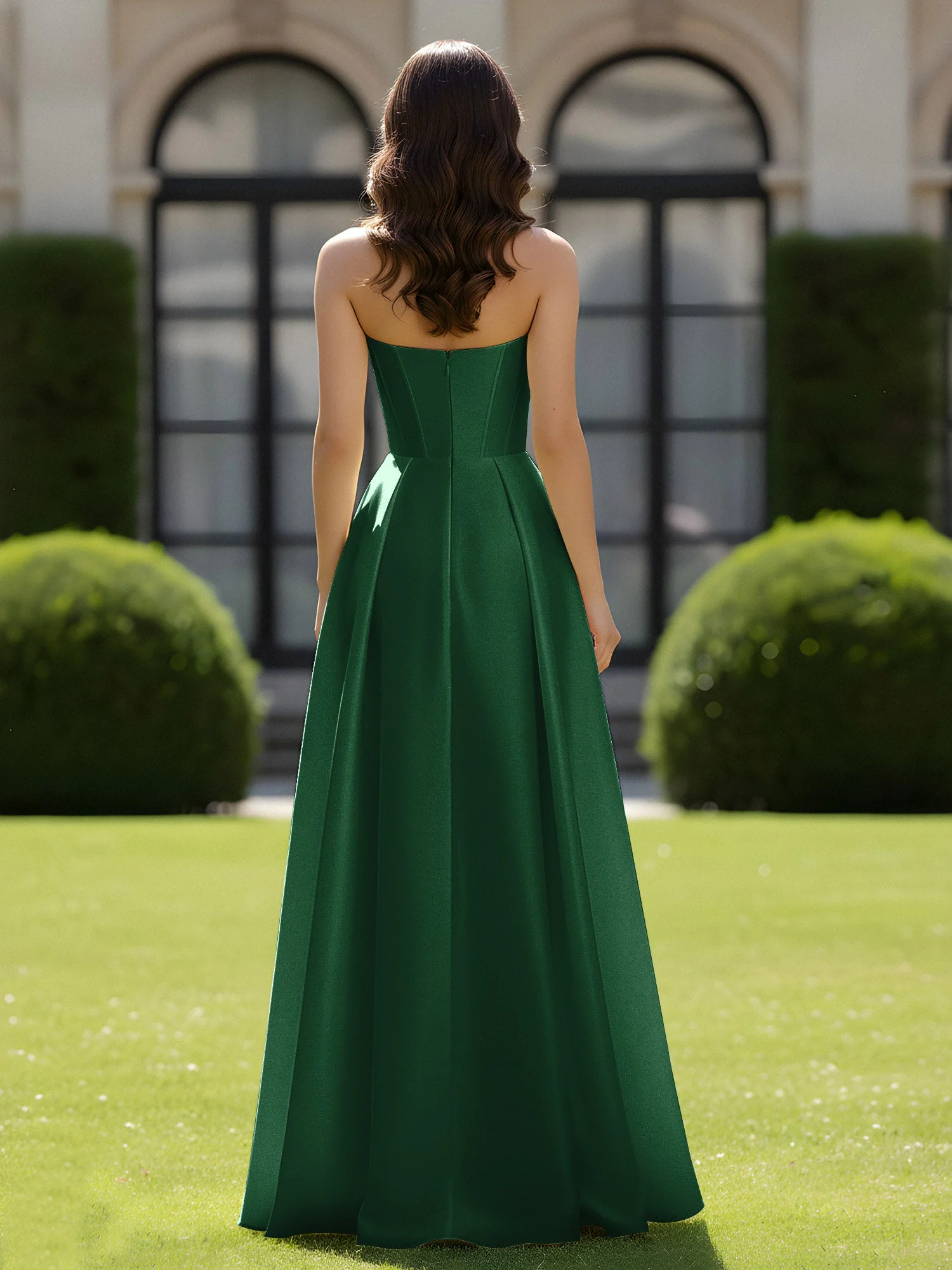 A-Linie Herzform Satin Reißverschluss Bodenlang Kleid Dunkelgrün - Image 2