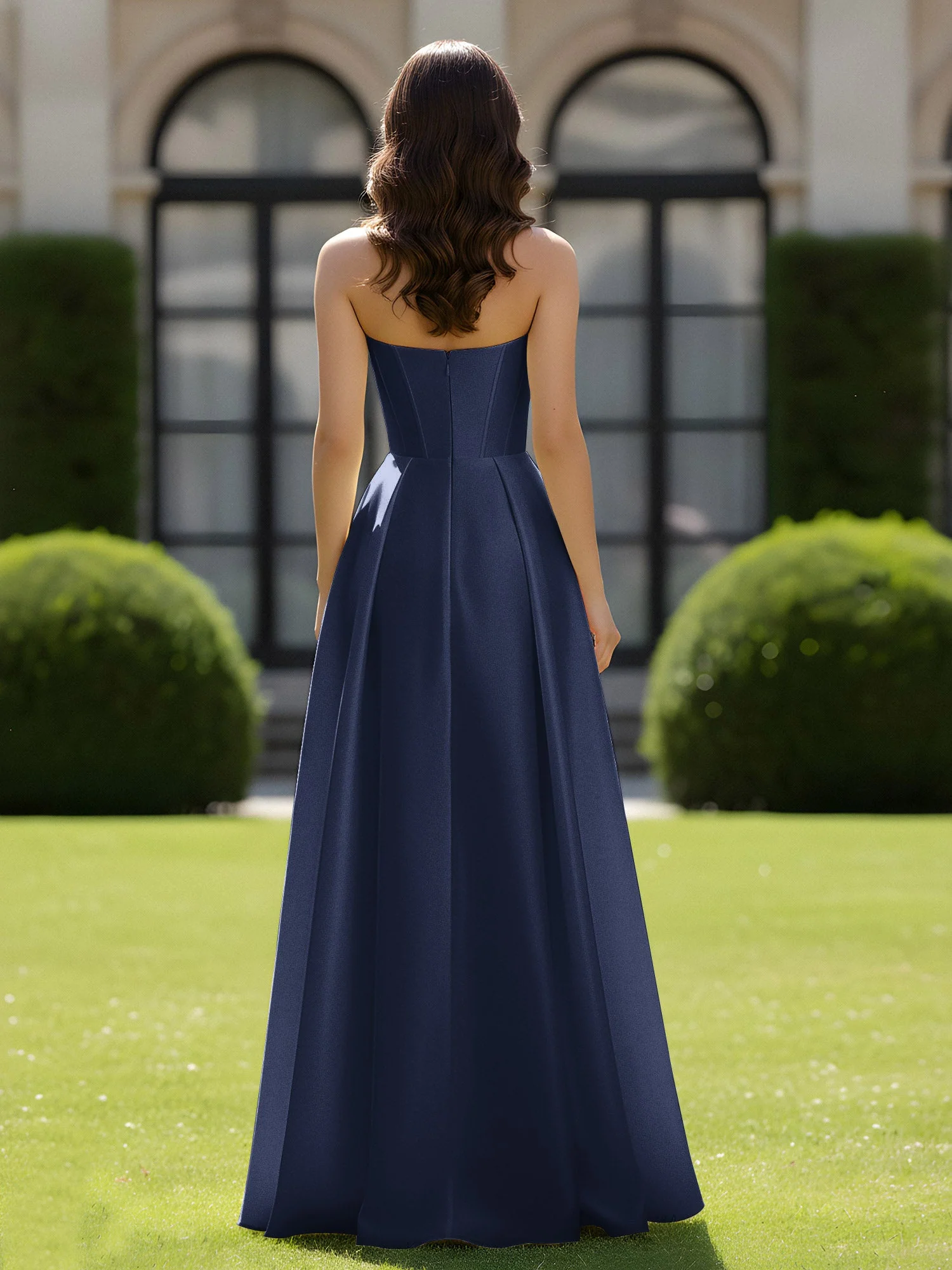 A-Linie Herzform Satin Reißverschluss Bodenlang Kleid Dunkelmarine - Image 2