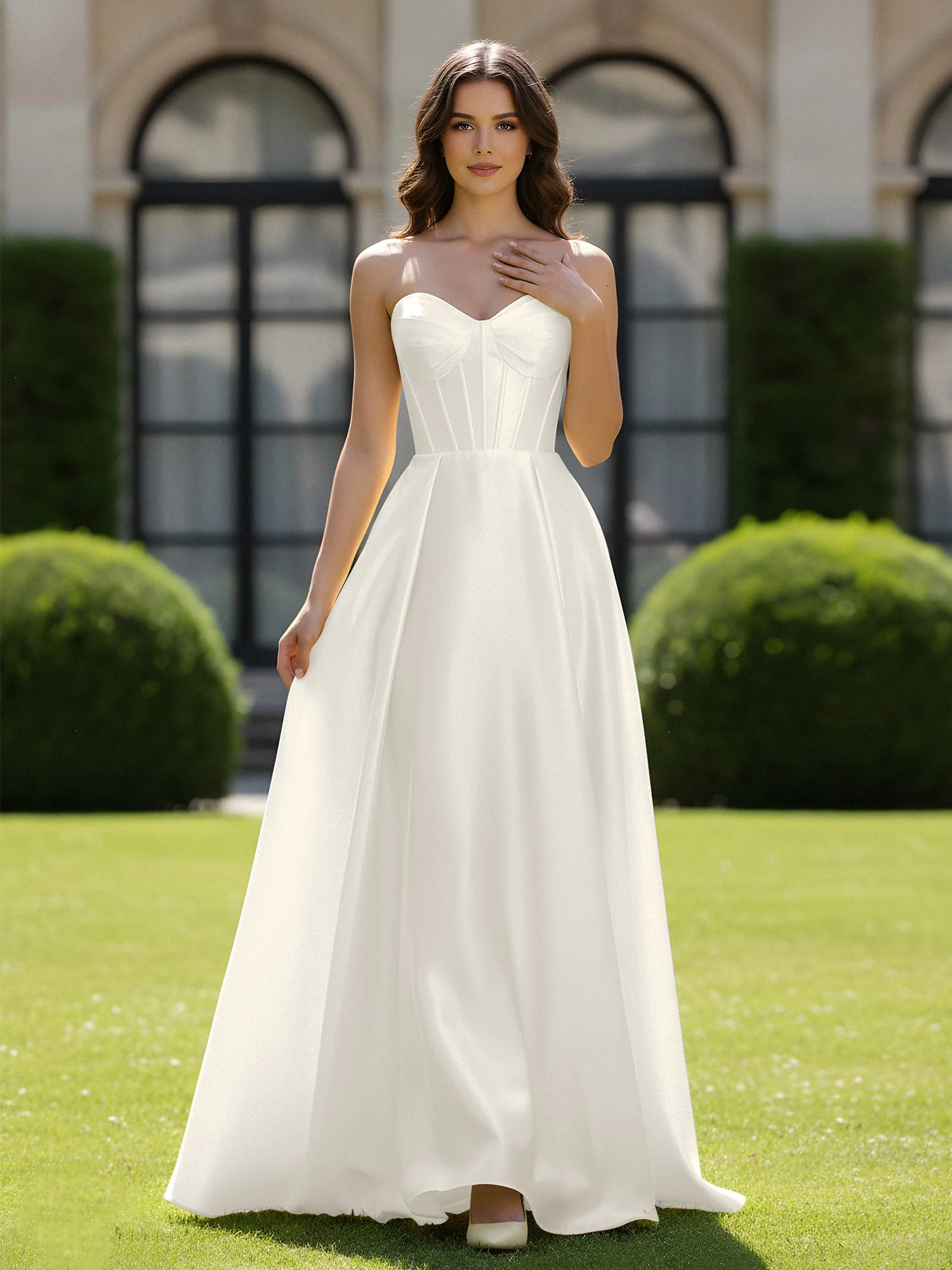 A-Linie Herzform Satin Reißverschluss Bodenlang Kleid Elfenbein