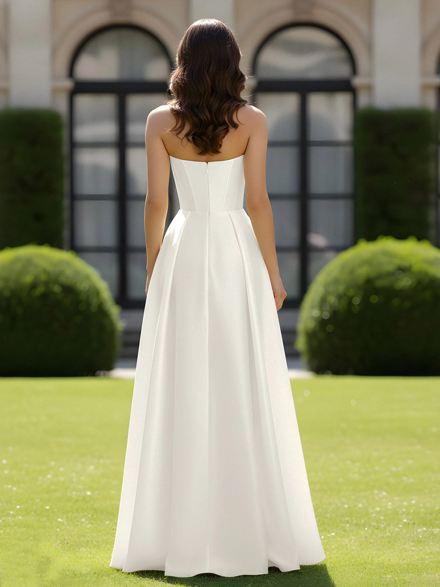 A-Linie Herzform Satin Reißverschluss Bodenlang Kleid Elfenbein - Image 2