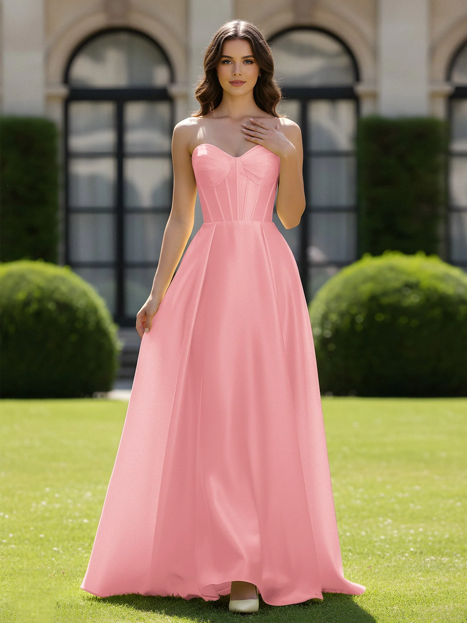 A-Linie Herzform Satin Reißverschluss Bodenlang Kleid Flamingo
