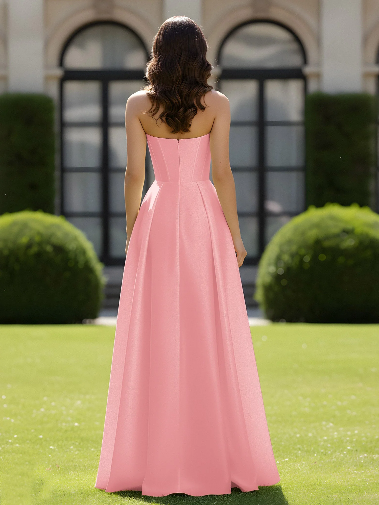 A-Linie Herzform Satin Reißverschluss Bodenlang Kleid Flamingo - Image 2