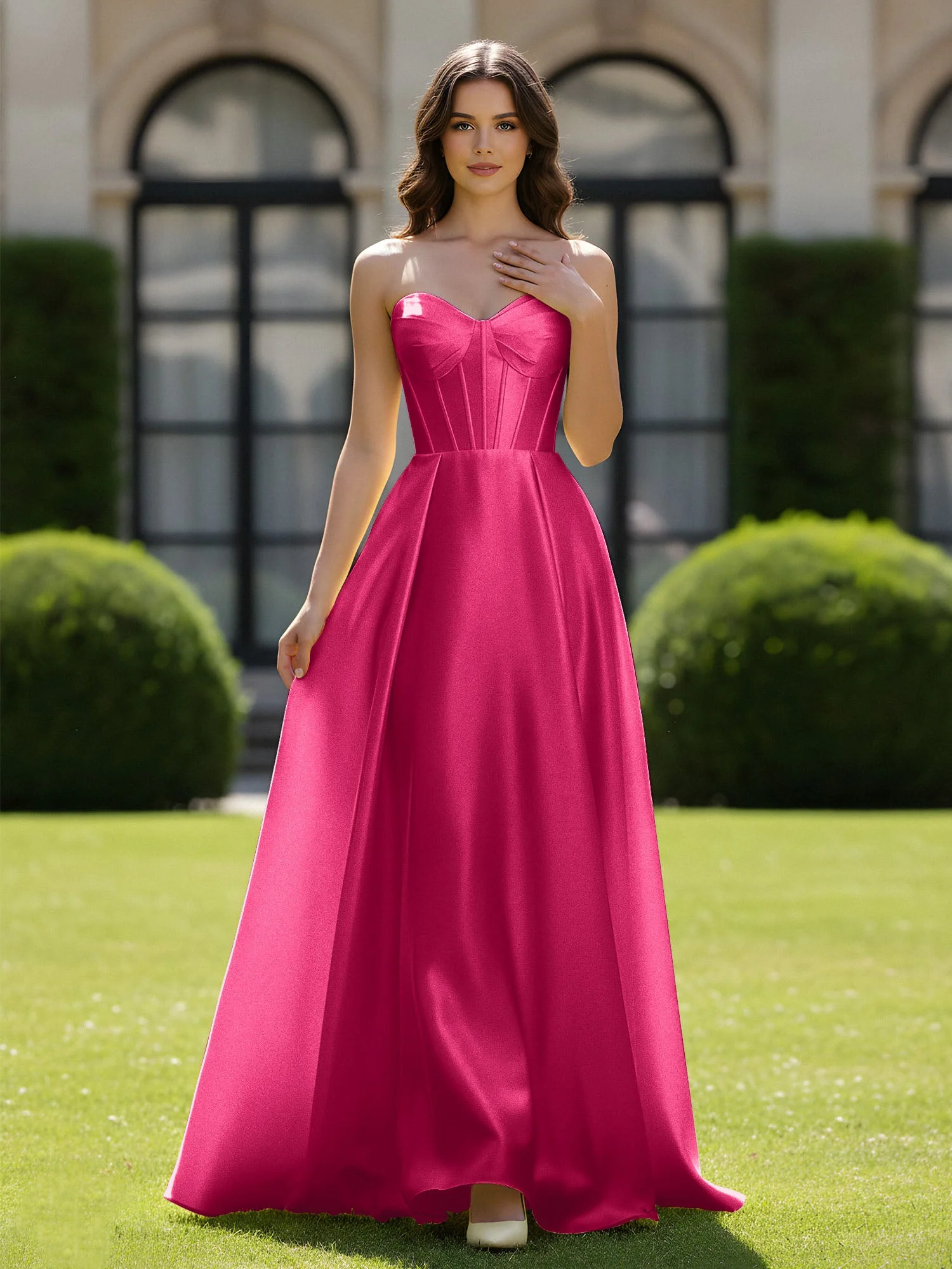 A-Linie Herzform Satin Reißverschluss Bodenlang Kleid Fuchsia