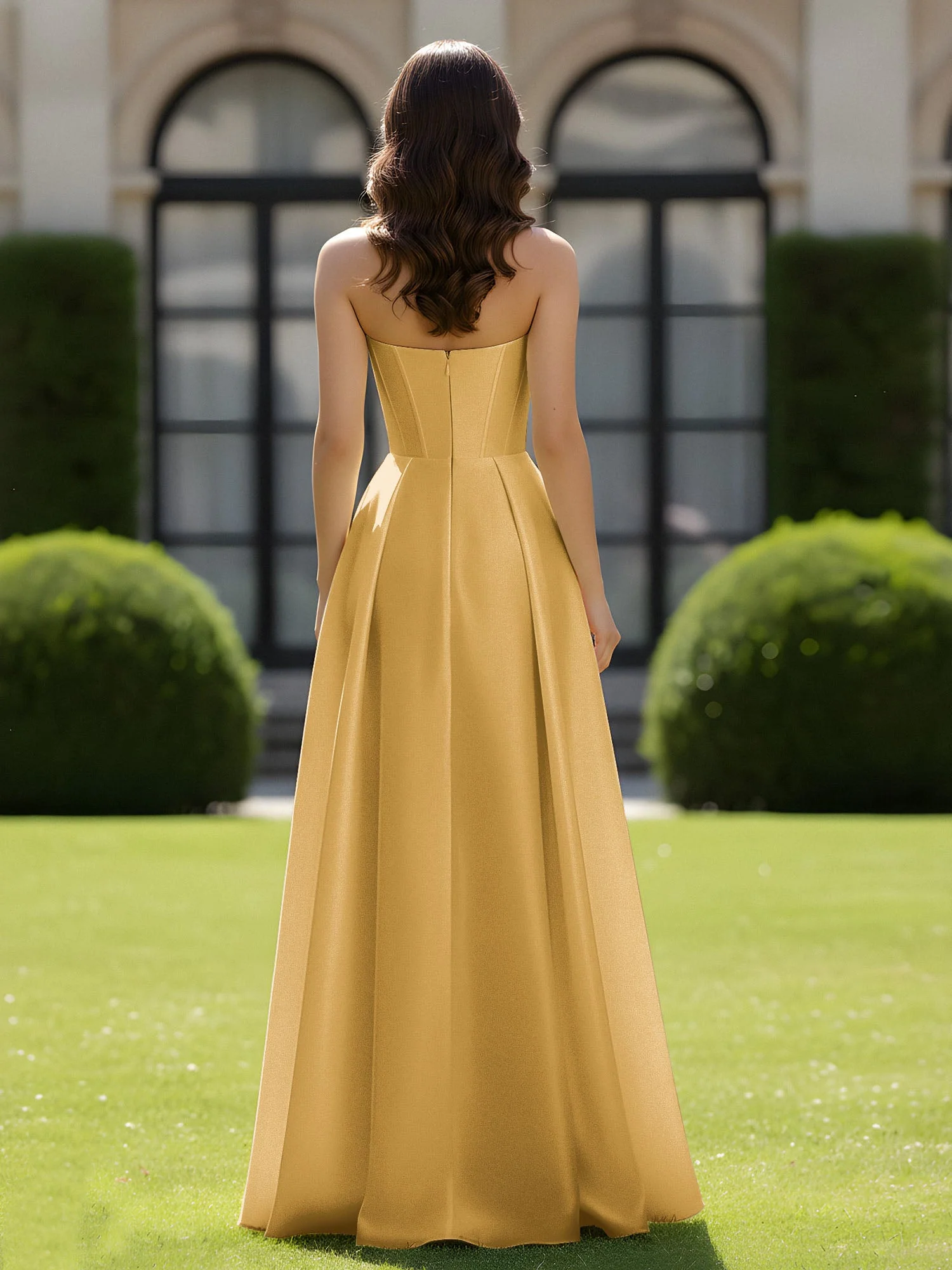 A-Linie Herzform Satin Reißverschluss Bodenlang Kleid Gold - Image 2