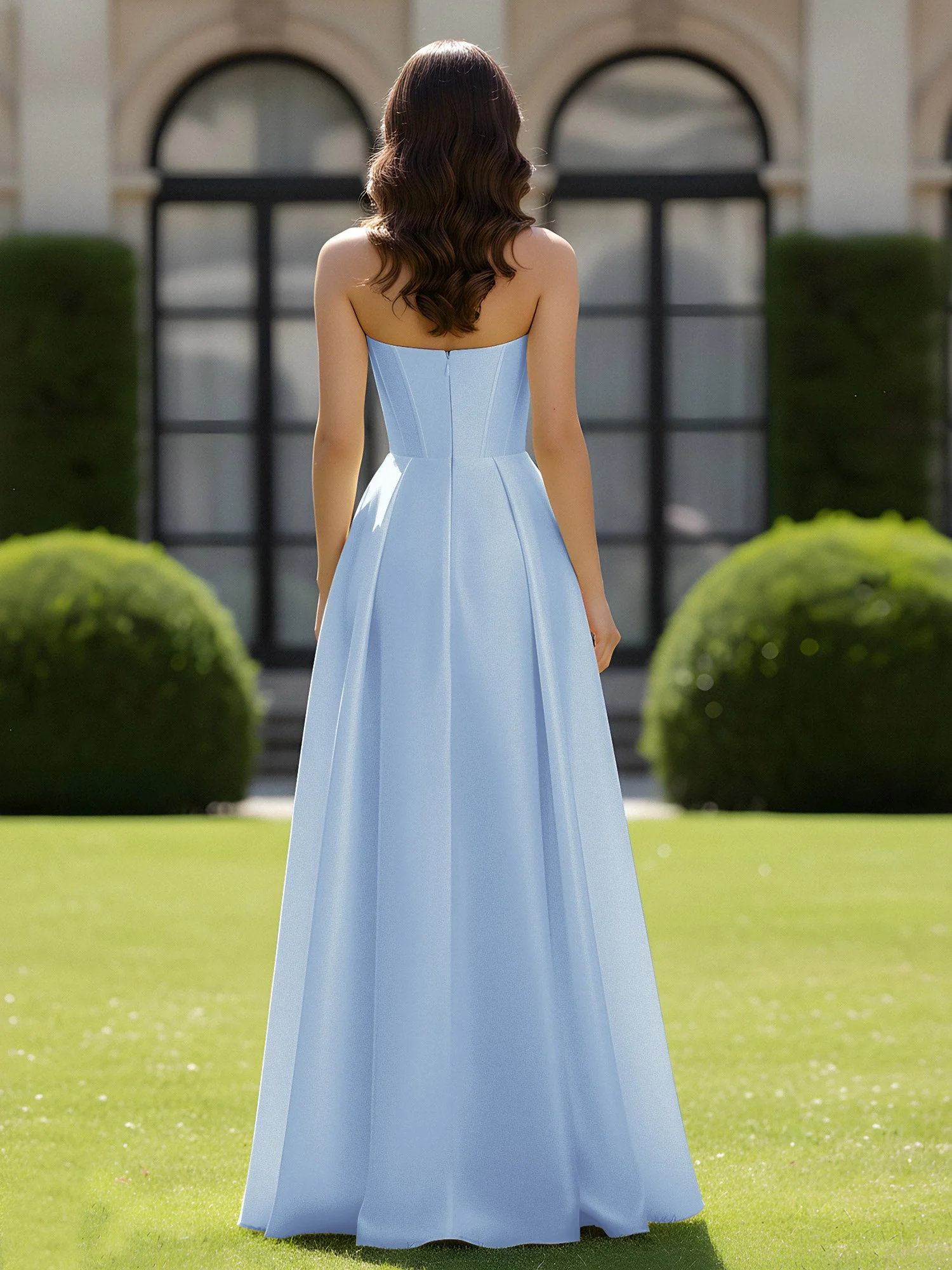 A-Linie Herzform Satin Reißverschluss Bodenlang Kleid Himmelblau - Image 2