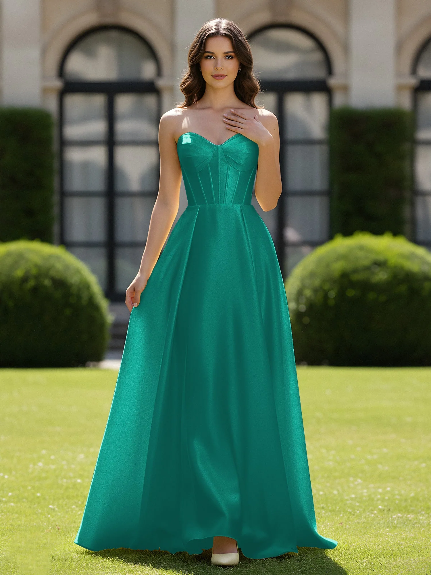 A-Linie Herzform Satin Reißverschluss Bodenlang Kleid Jade
